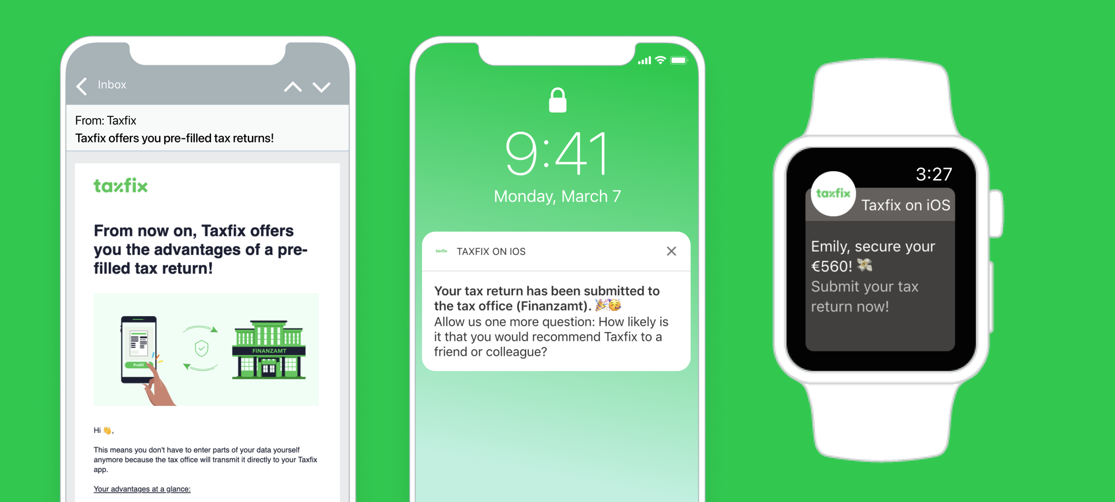 A smartphone and smartwatch display notifications from Taxfix about a pre-filled tax return submission. The background is green, emphasizing the Taxfix branding.