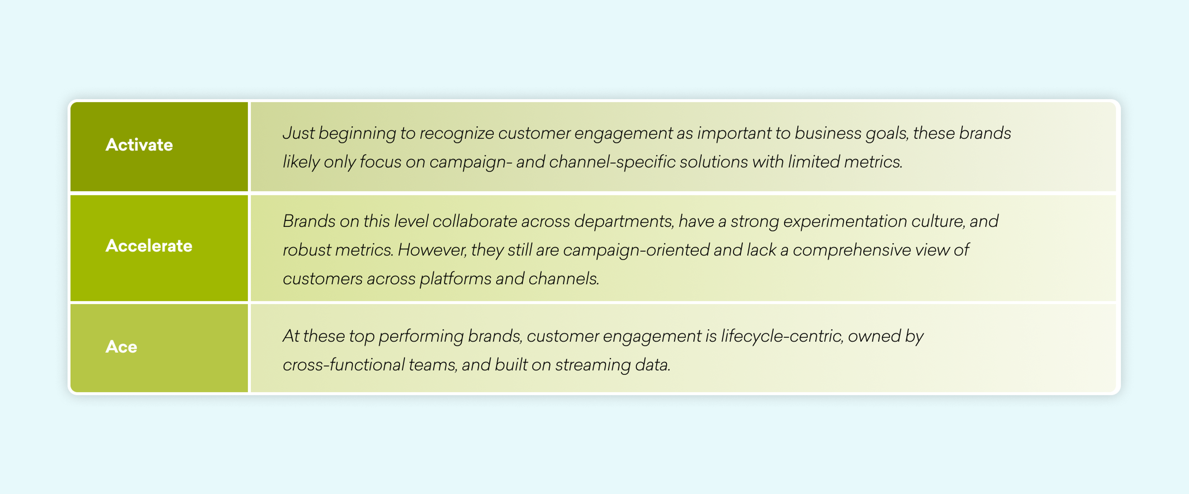 A table outlining three levels of customer engagement: Activate, Accelerate, and Ace, with descriptions of each level's characteristics and approaches.