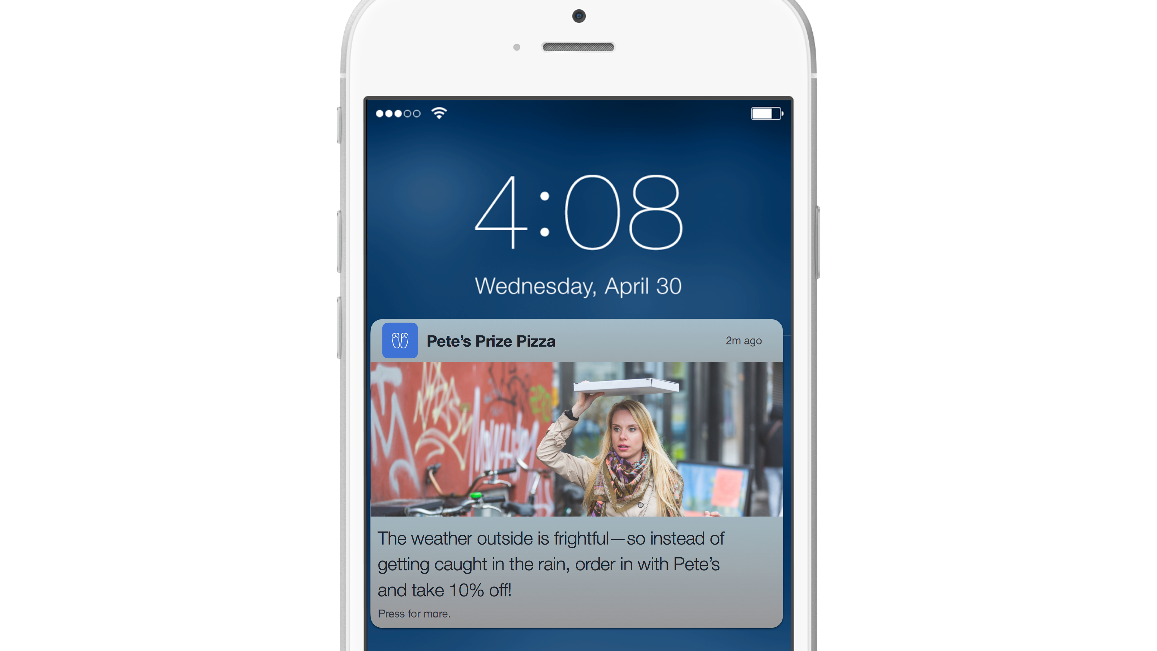 A smartphone screen displaying a notification from Pete's Prize Pizza about a 10% discount due to bad weather. The time is 4:08 PM on Wednesday, April 30.