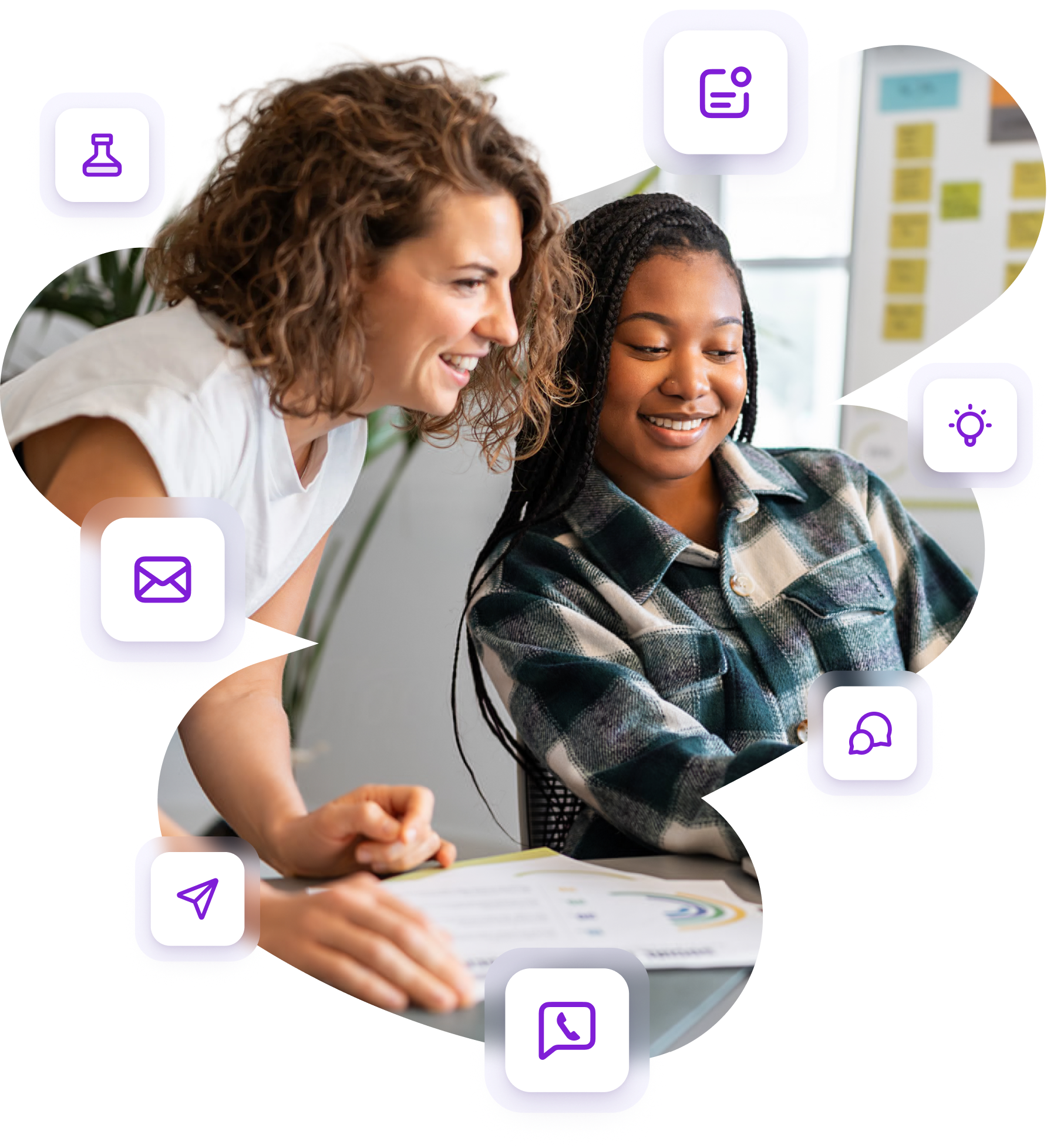 Two colleagues smile and collaborate at a desk with a laptop, surrounded by floating purple icons representing communication and digital tools.