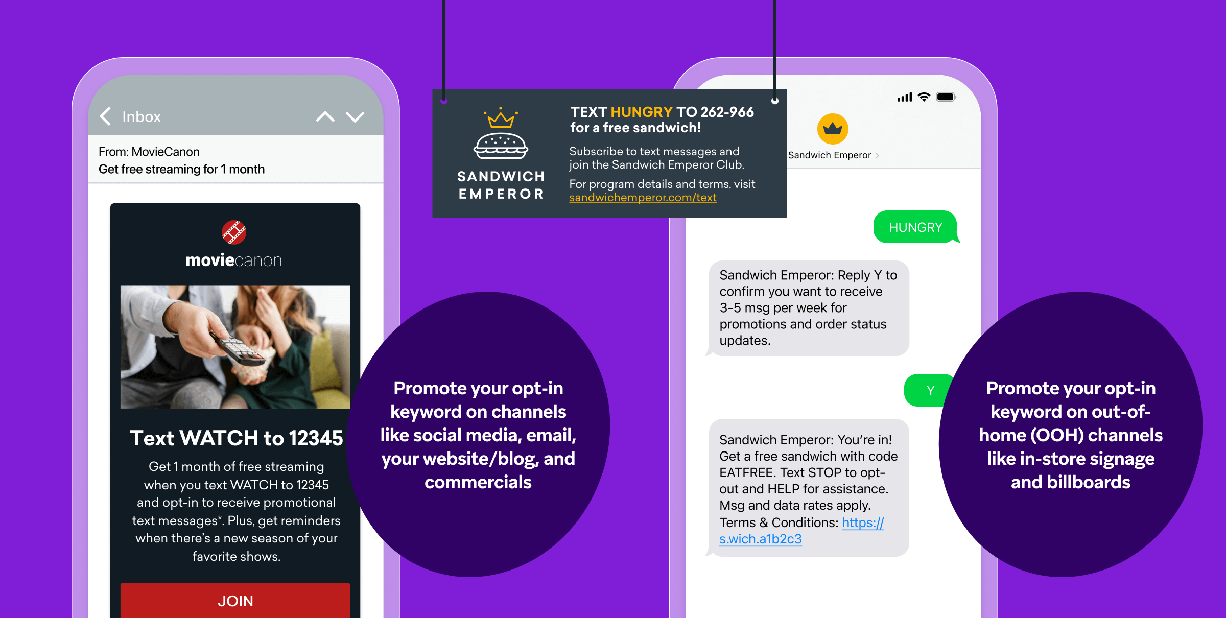 Deux téléphones montrant un message in-app de type mot-clé à saisir pour une campagne
