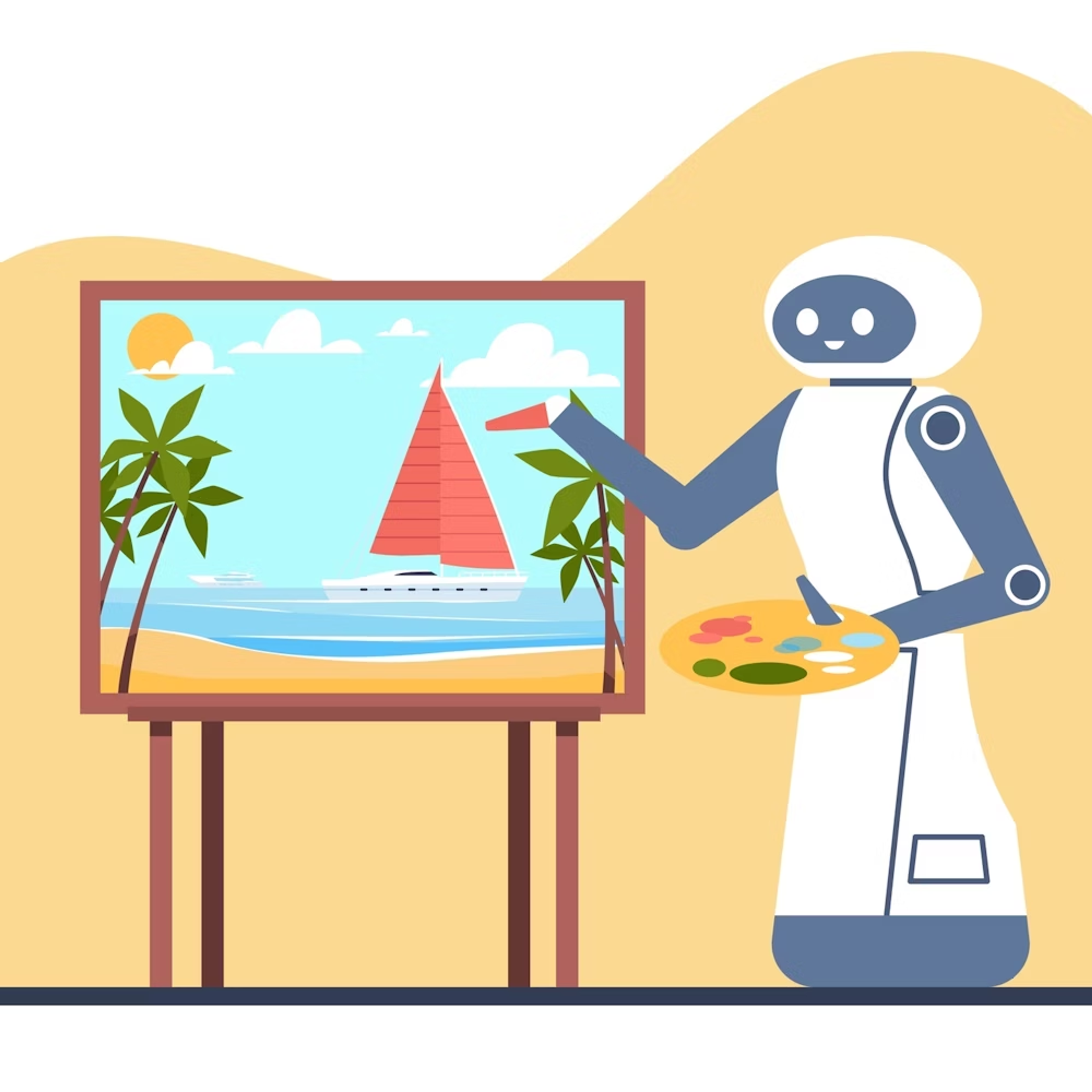 a robot is painting a picture of a sailboat on the beach