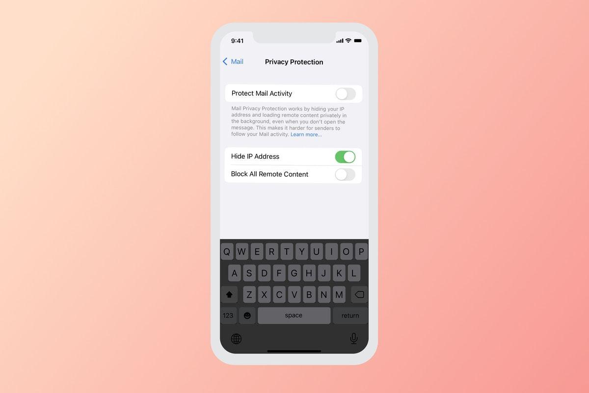 A smartphone screen displaying the Mail settings for Privacy Protection, with options for protecting mail activity, hiding the IP address, and blocking all remote content. The background is a gradient from pink to peach.