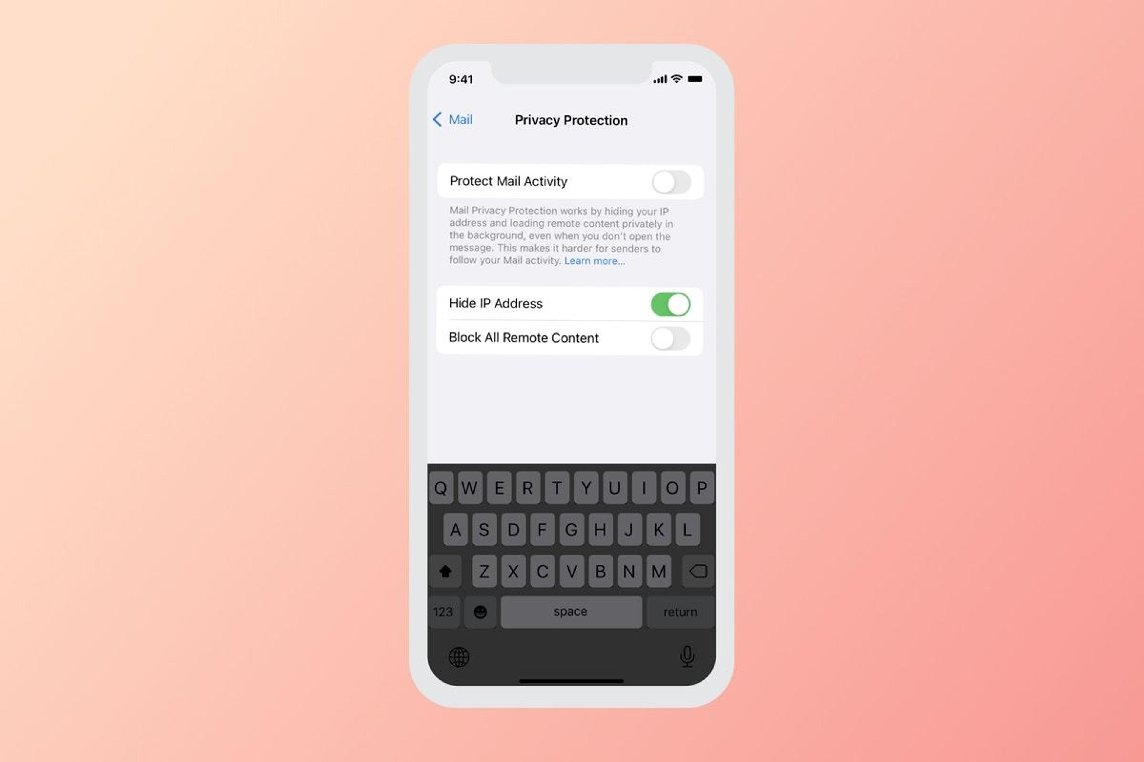 A smartphone screen displaying the Mail settings for Privacy Protection, with options for protecting mail activity, hiding the IP address, and blocking all remote content. The background is a gradient from pink to peach.