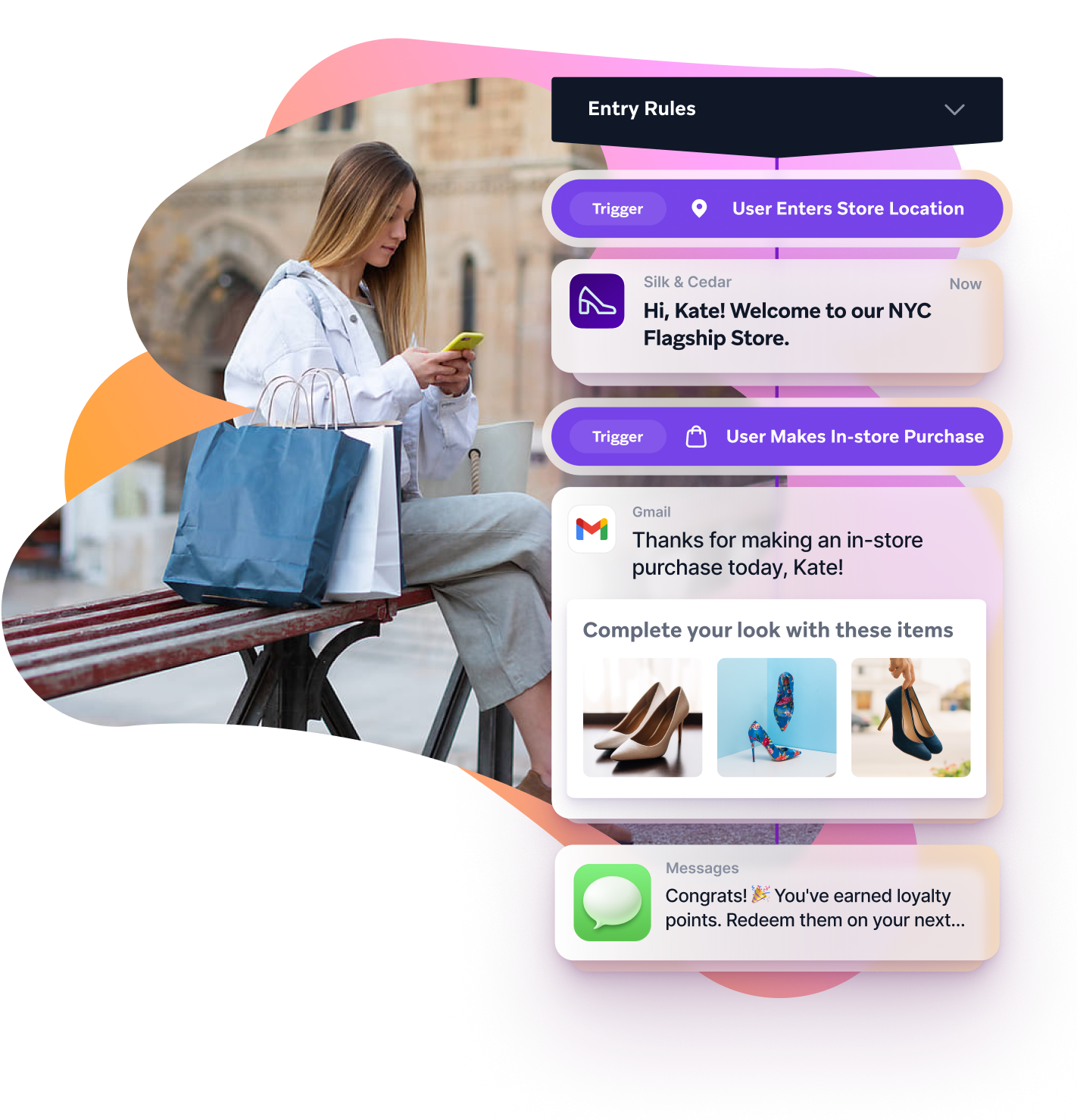 a woman sitting on a bench with shopping bags looking at her phone