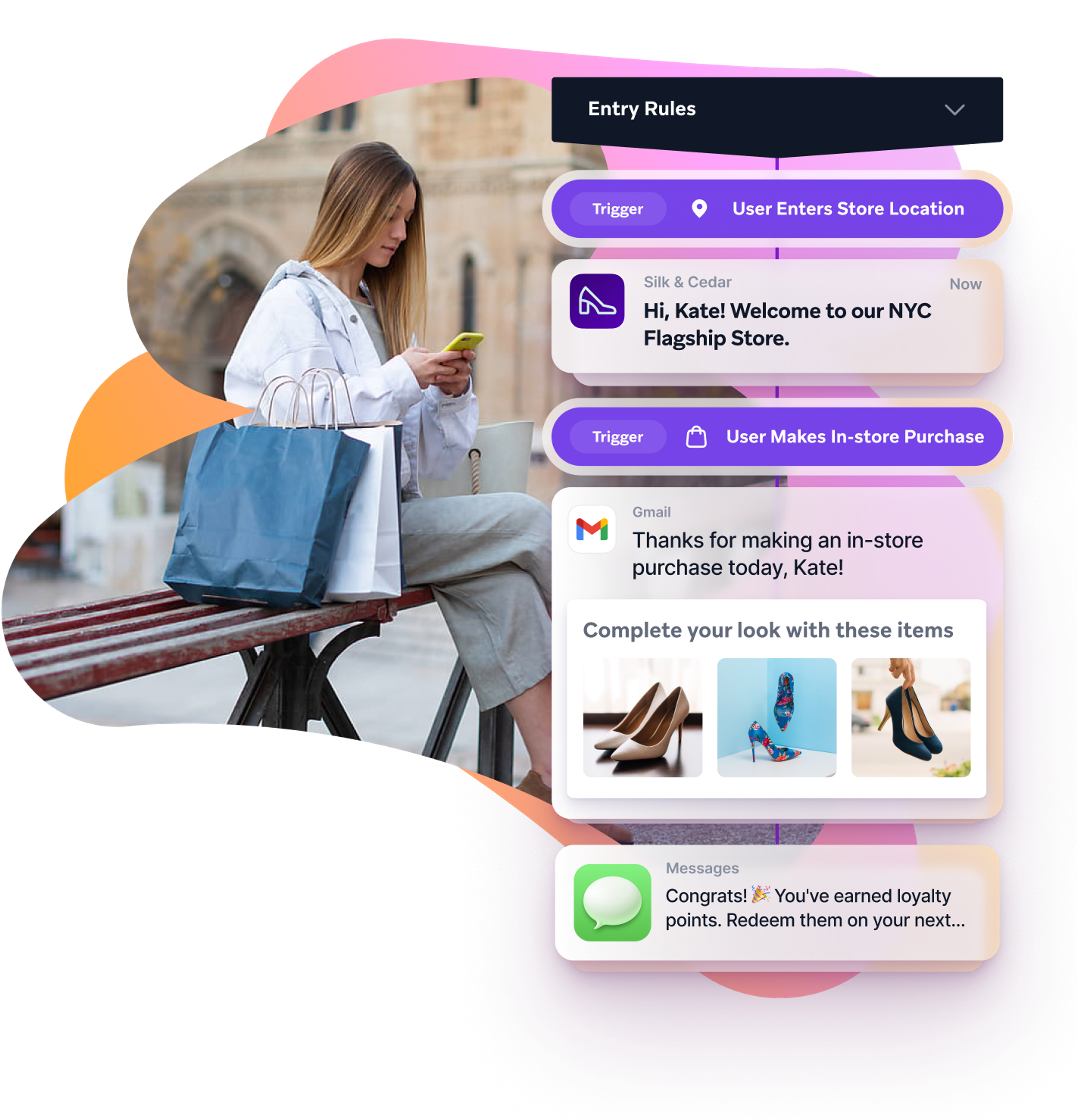 a woman sitting on a bench with shopping bags looking at her phone