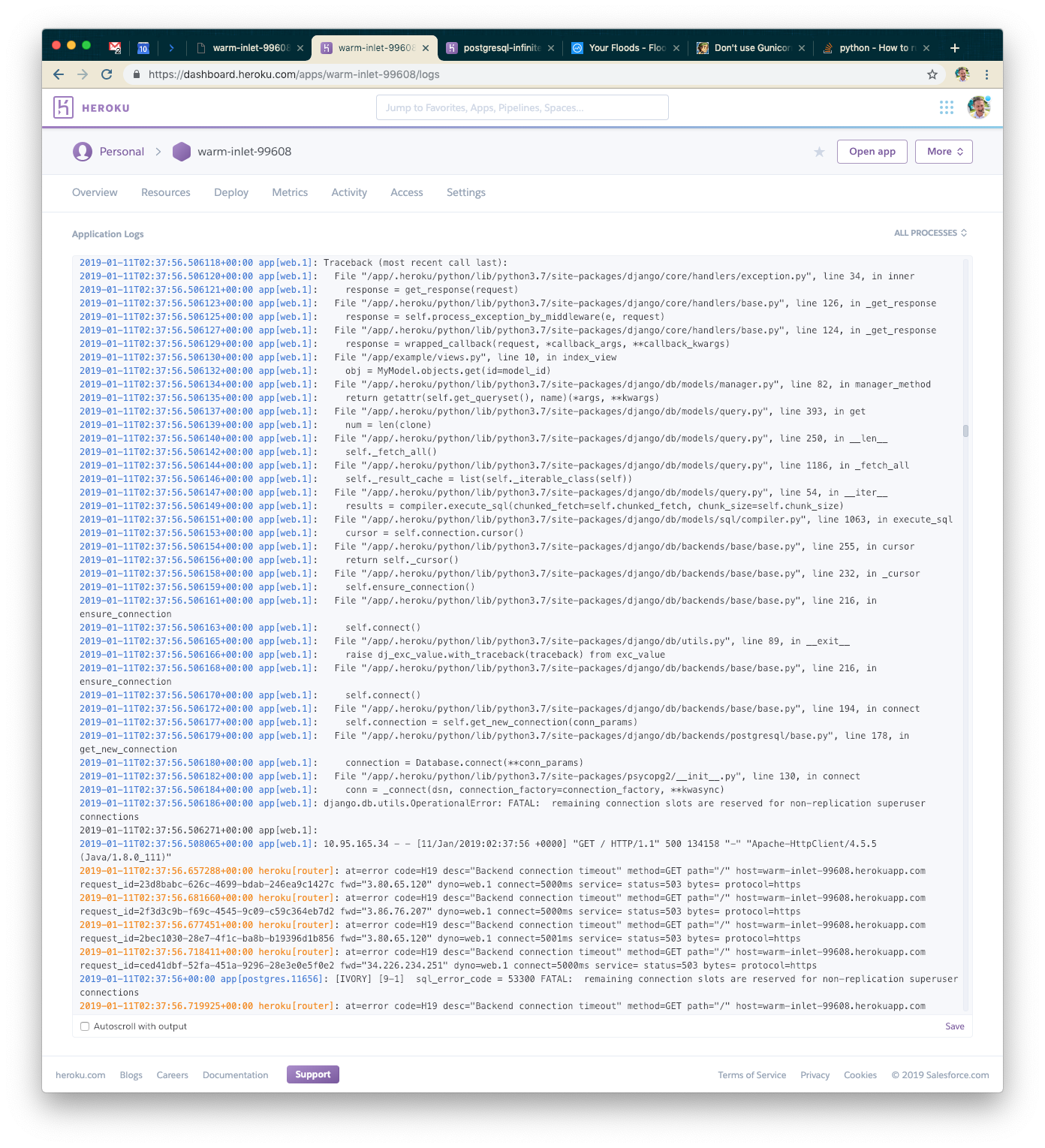 A screenshot of a log file displaying various error messages and timestamps related to application processes. The interface includes navigation options and a support section at the bottom.