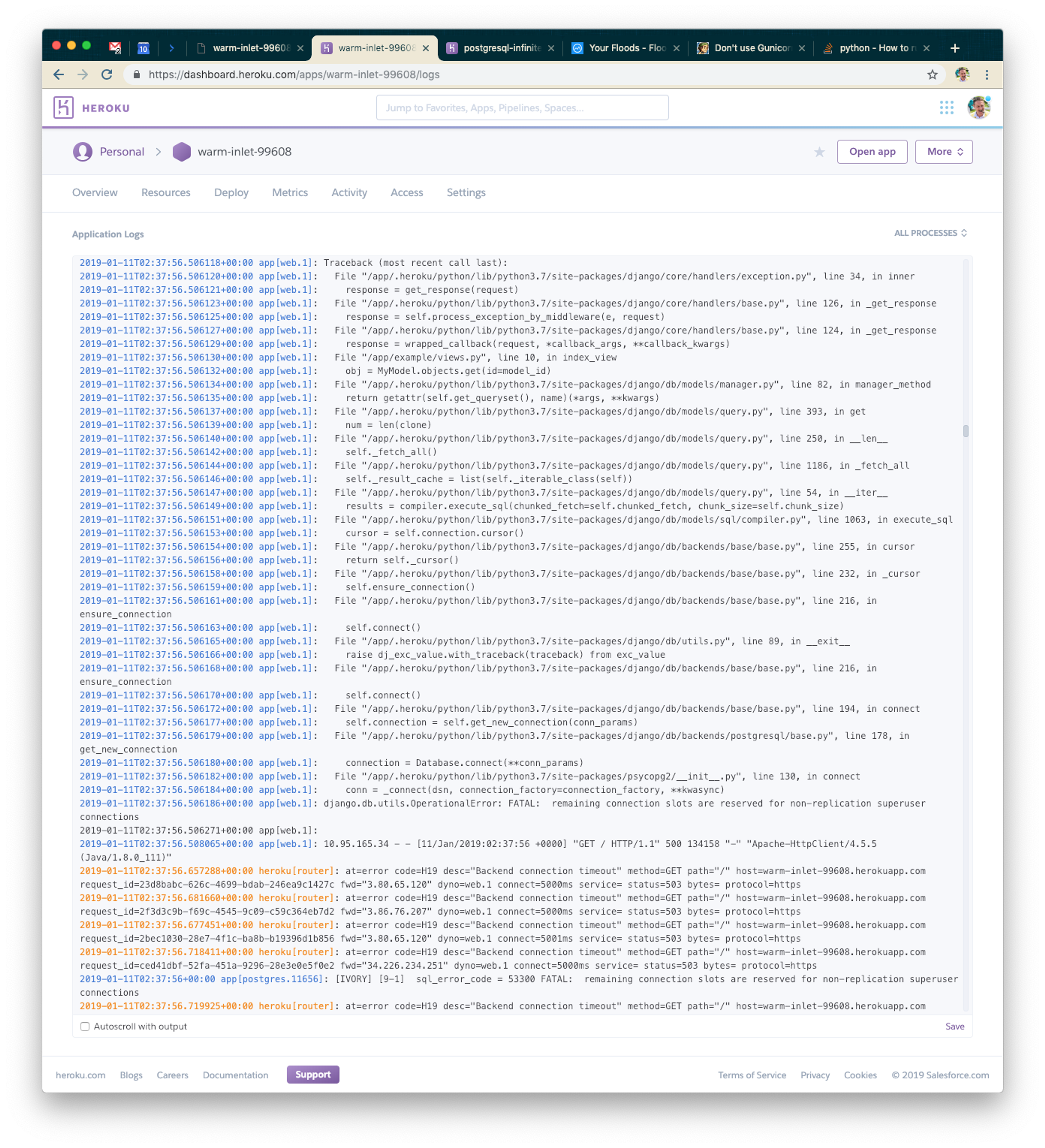 A screenshot of a log file displaying various error messages and timestamps related to application processes. The interface includes navigation options and a support section at the bottom.