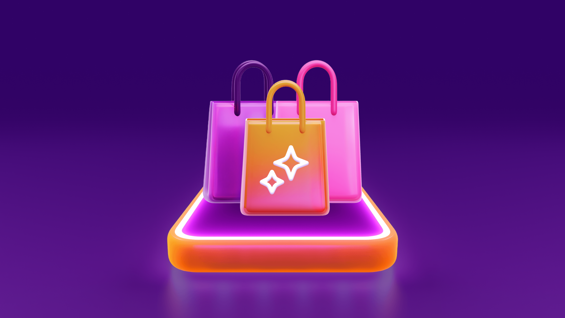 Colorful 3D shopping bags sit on a glowing platform against a dark purple background.