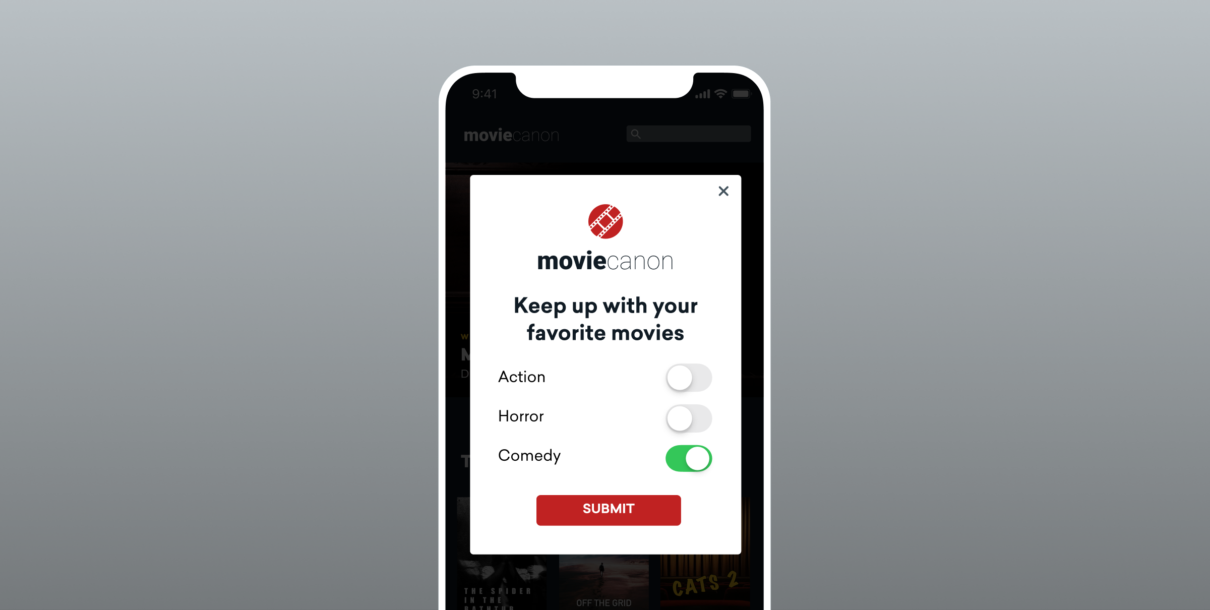A mobile screen displaying a pop-up from MovieCanon, prompting users to select their favorite movie genres: Action, Horror, and Comedy, with a submit button.