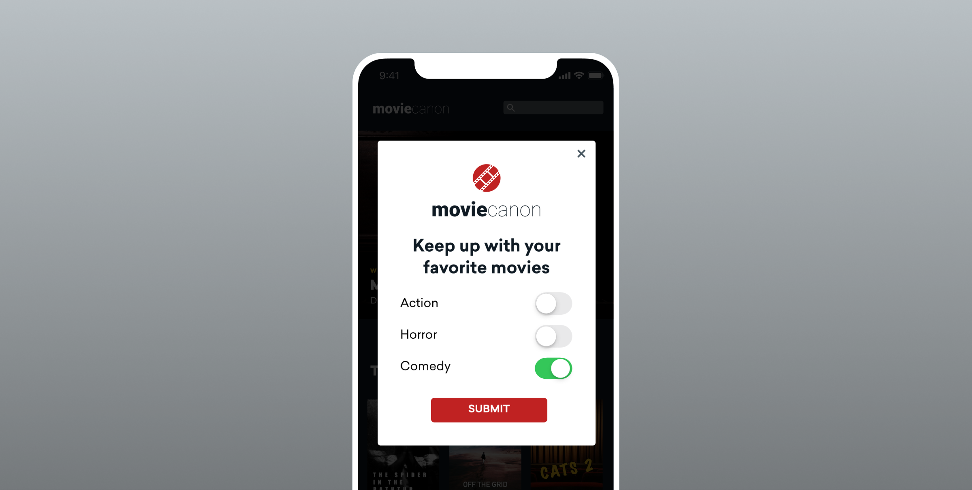A mobile screen displaying a pop-up from MovieCanon, prompting users to select their favorite movie genres: Action, Horror, and Comedy, with a submit button.