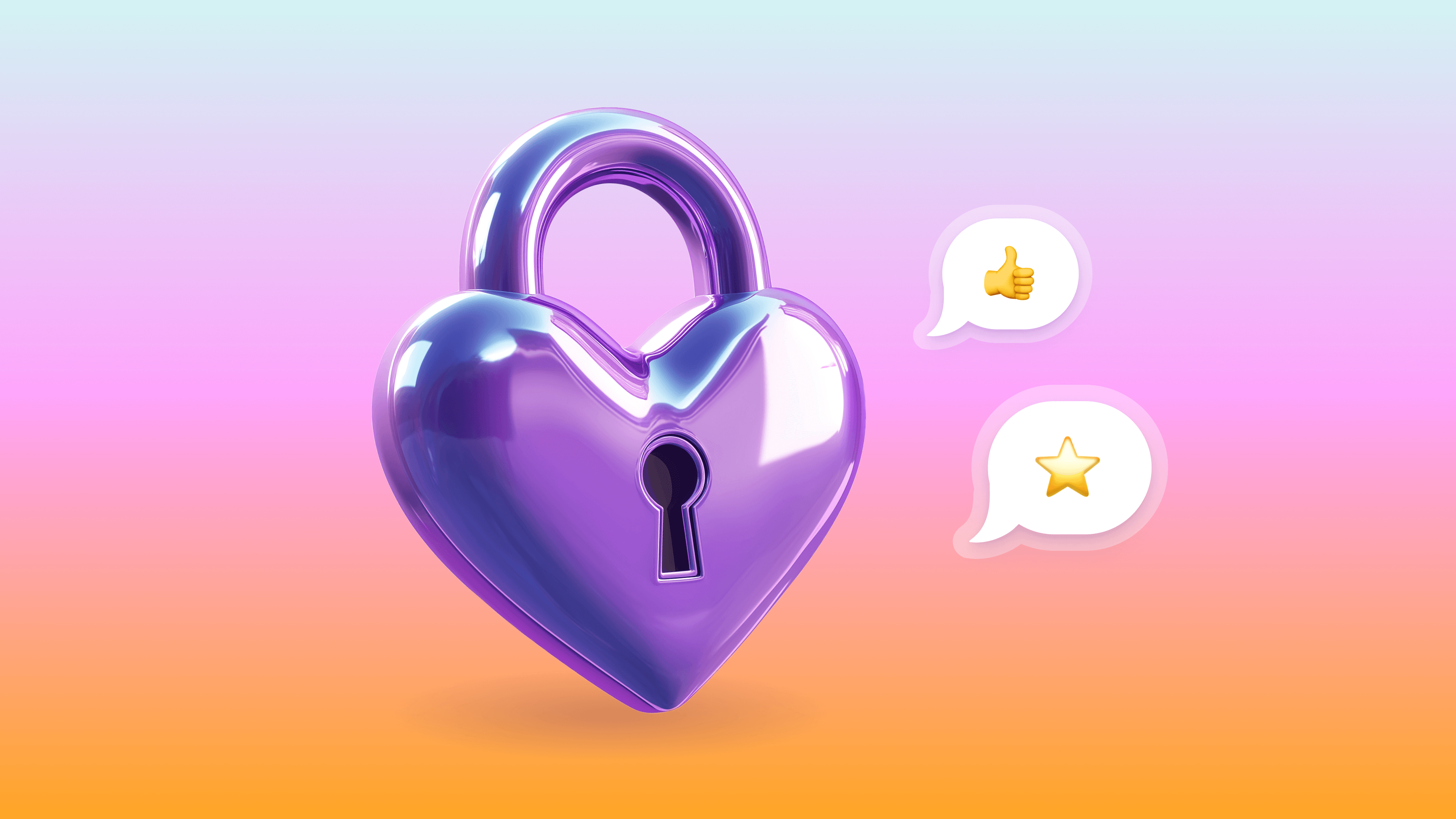 a purple heart shaped padlock with speech bubbles around it