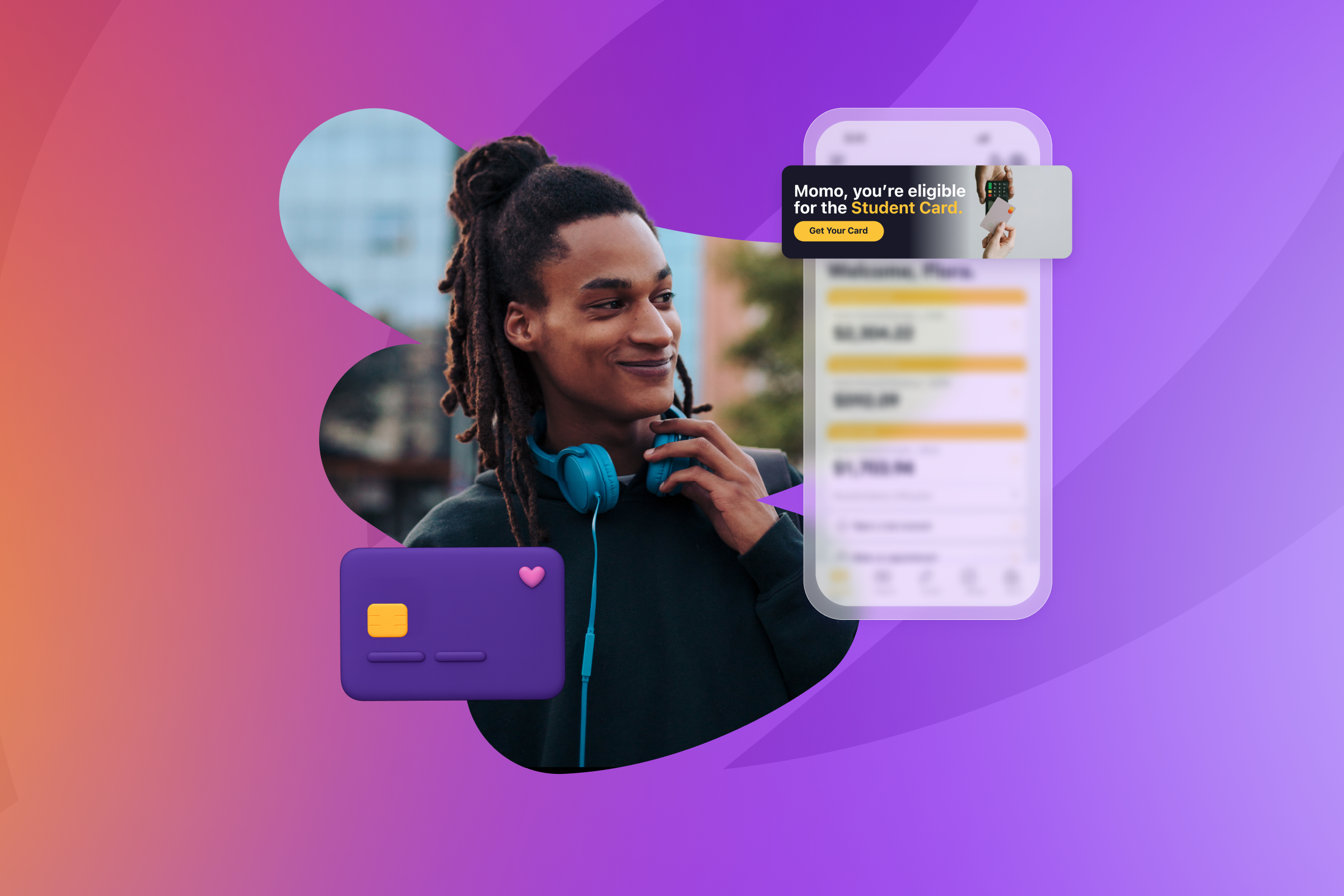 a man wearing headphones is standing next to a phone that says momo you 're eligible for the student card