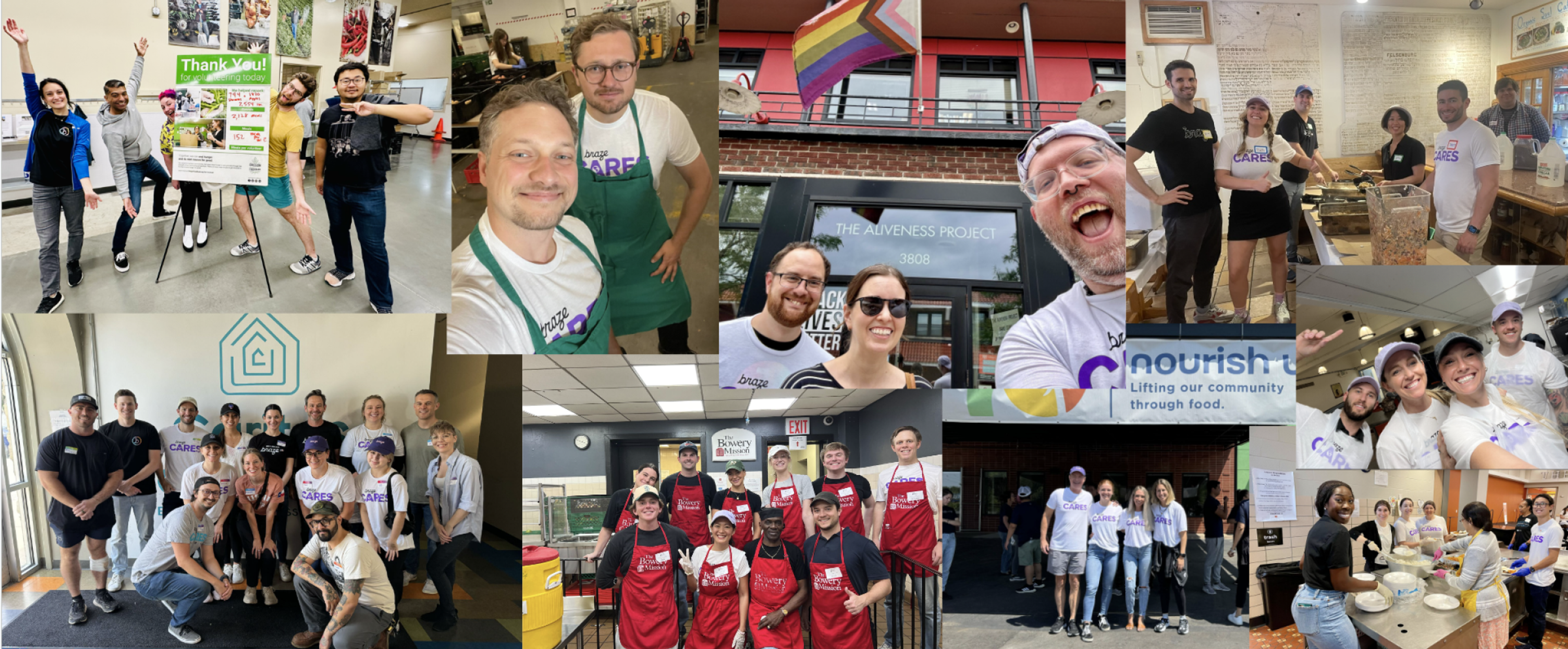 A collage of diverse groups of people participating in community service and food-related activities, showcasing teamwork and support for a local initiative. Various settings include kitchens, food distribution areas, and community events.