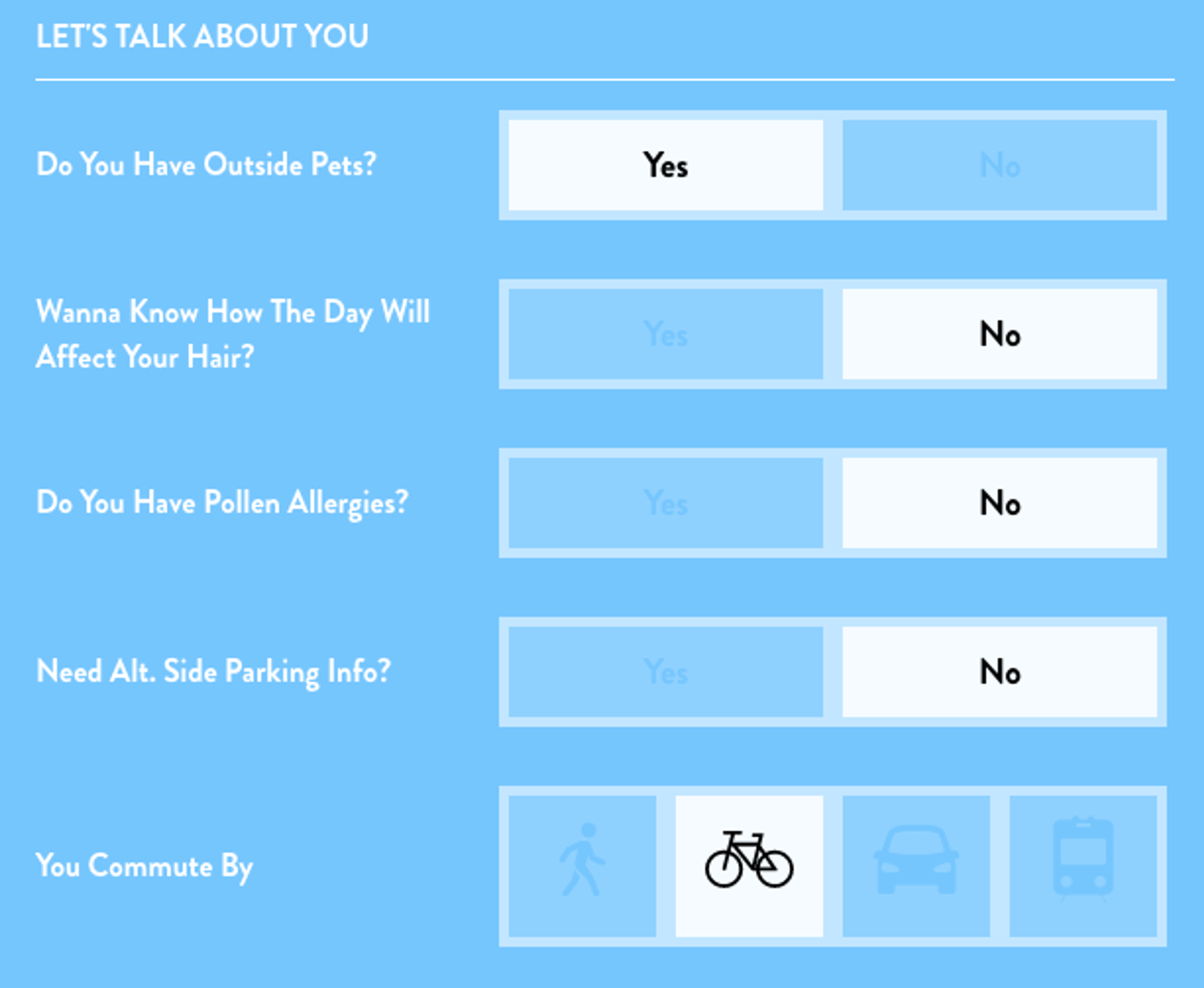 A questionnaire with options for "Yes" or "No" regarding outside pets, hair effects, pollen allergies, side parking information, and commuting methods. Each question is presented in a blue box format.