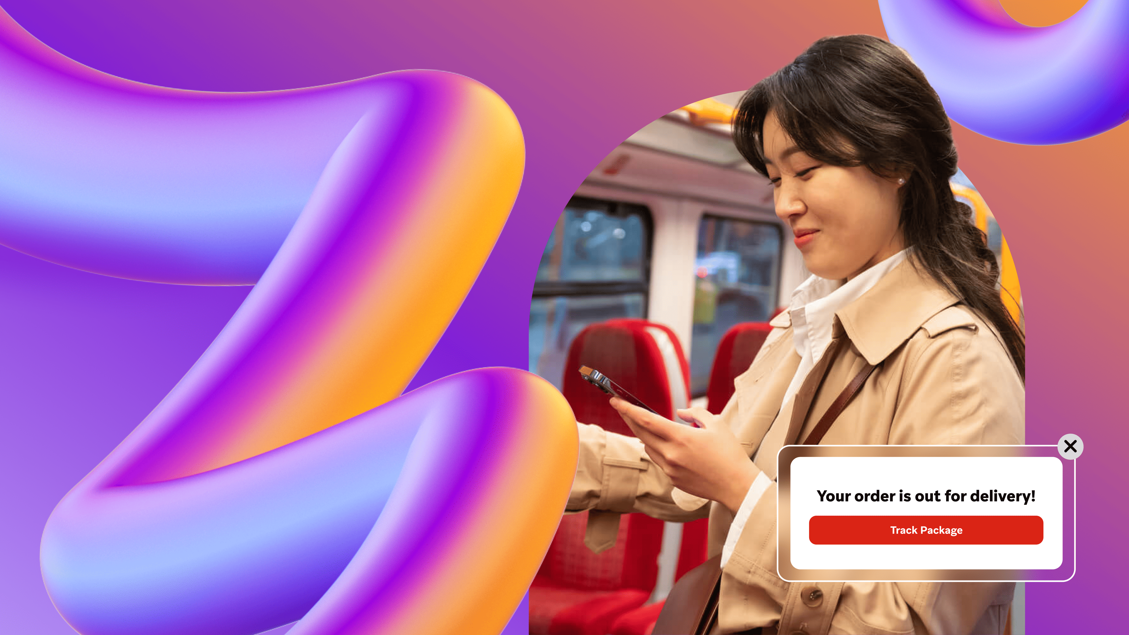 a woman sitting on a bus looking at her phone with a message that says your order is out for delivery