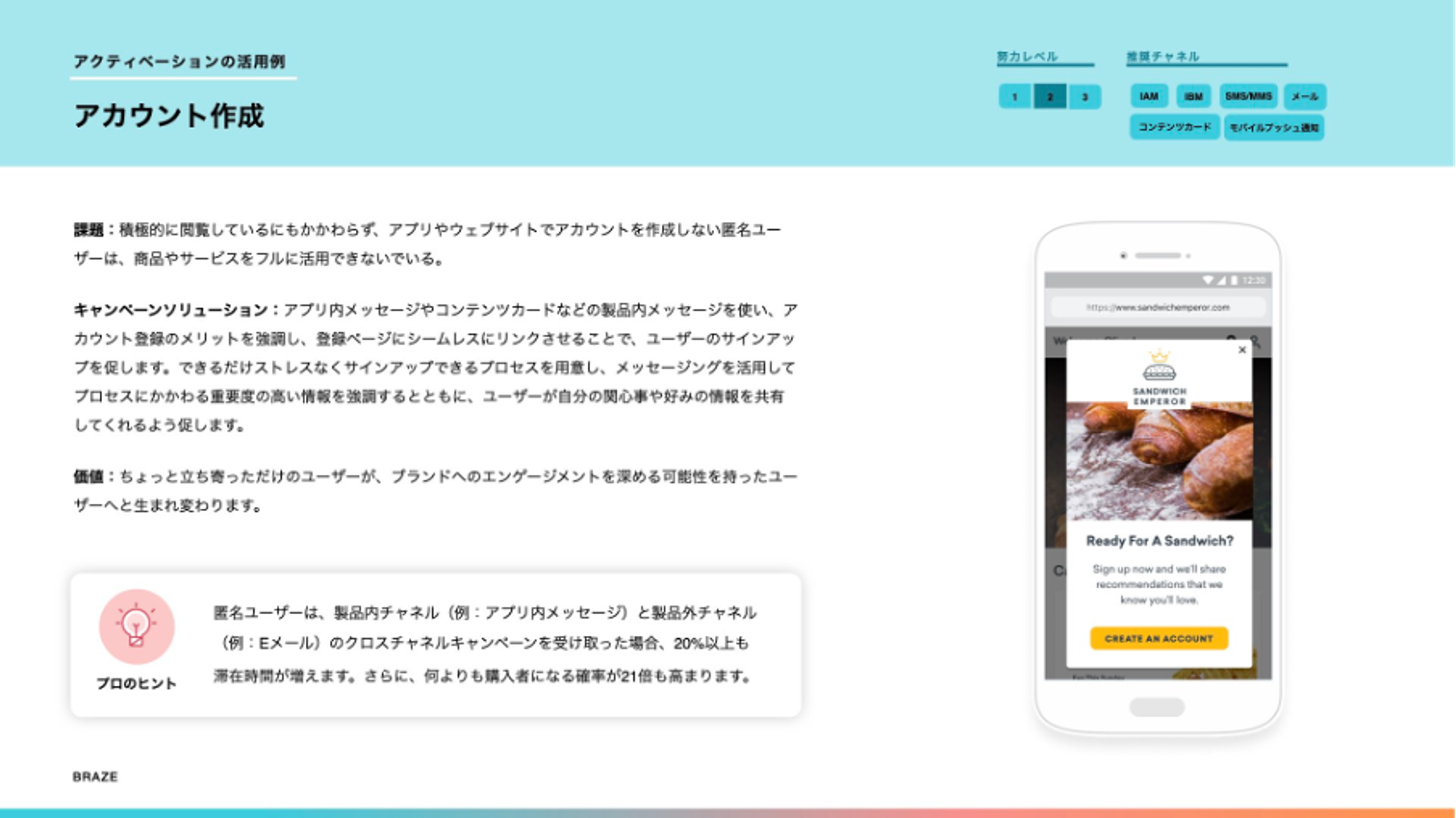 アカウント作成に関する説明があり、スマートフォンの画面にサンドイッチの広告が表示されています。ユーザーがアカウントを作成するための手順が示されています。