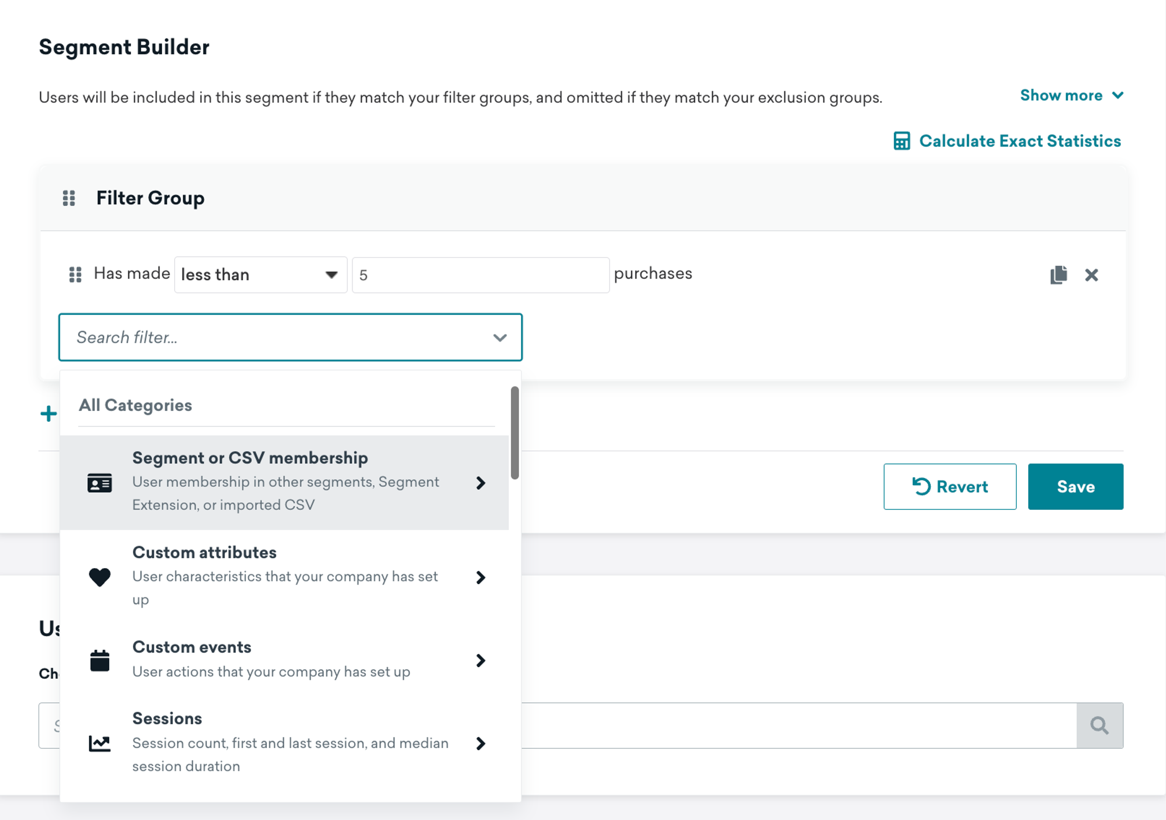 Example of segment filter categories.