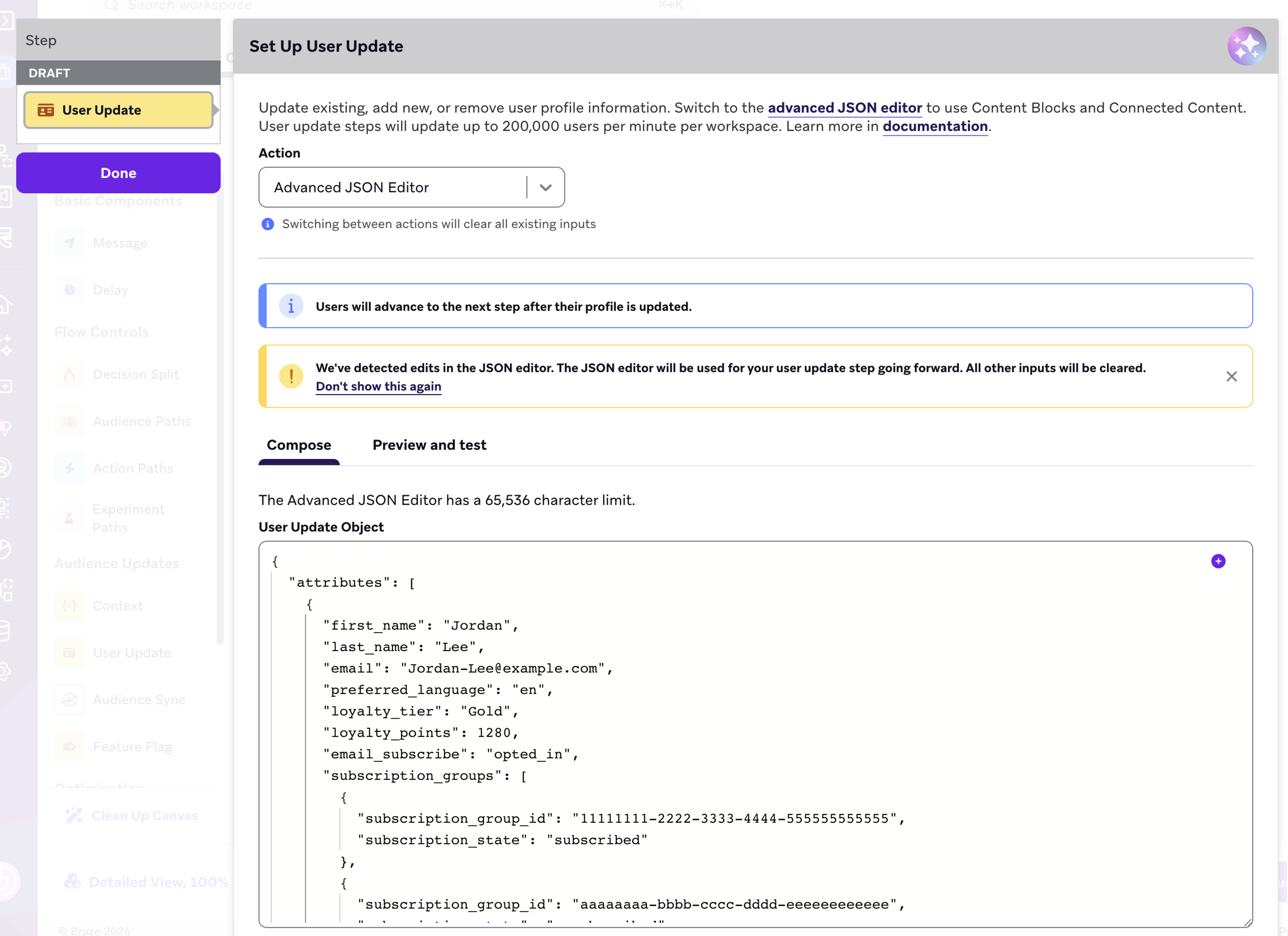 User update step configuration in the Braze dashboard.