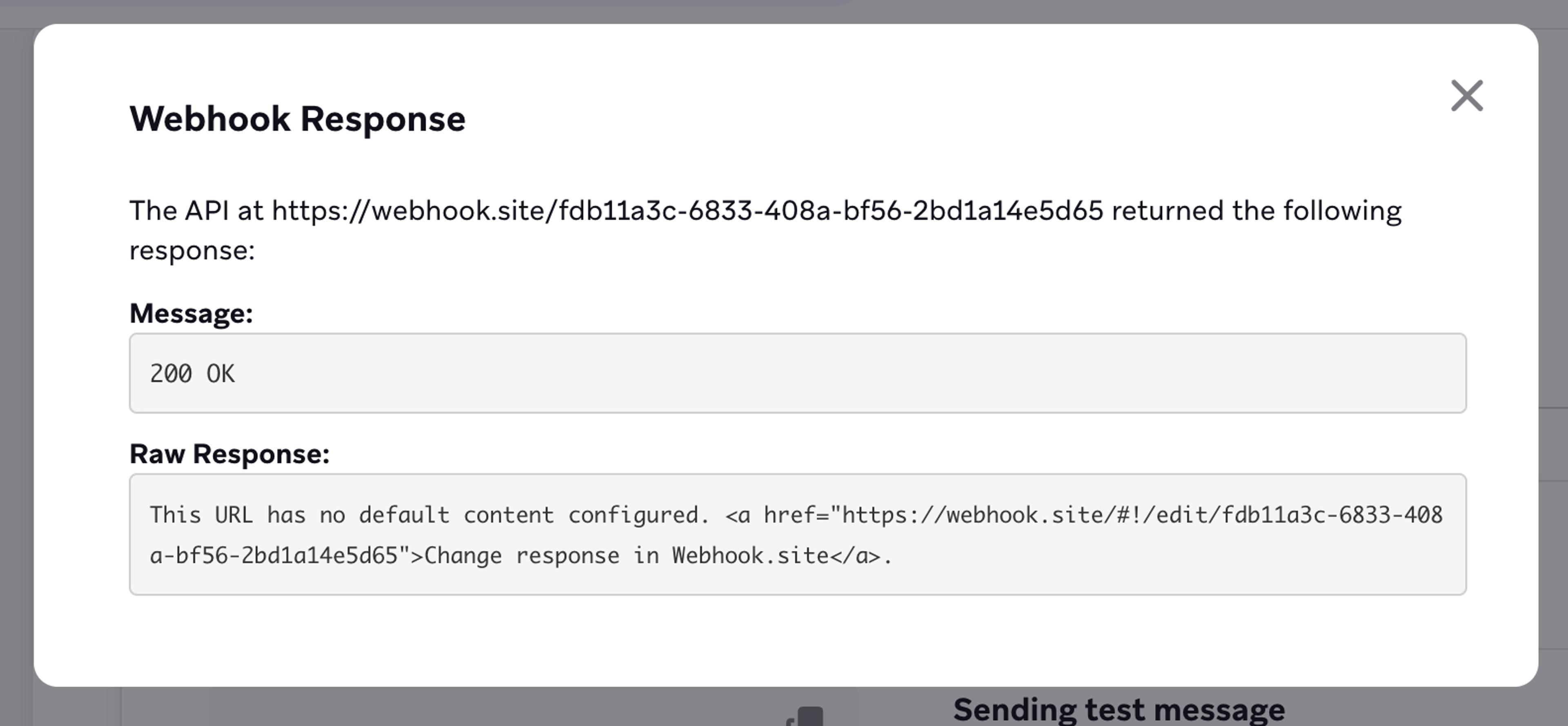 Test response showing a successful request response.