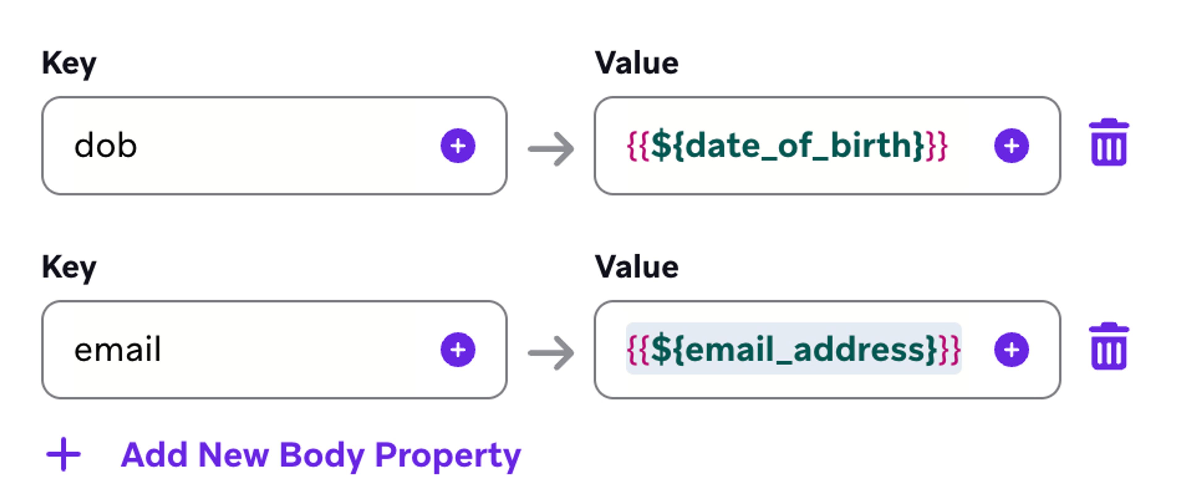 Key-value pair editor in the webhook composer in the Braze dashboard.