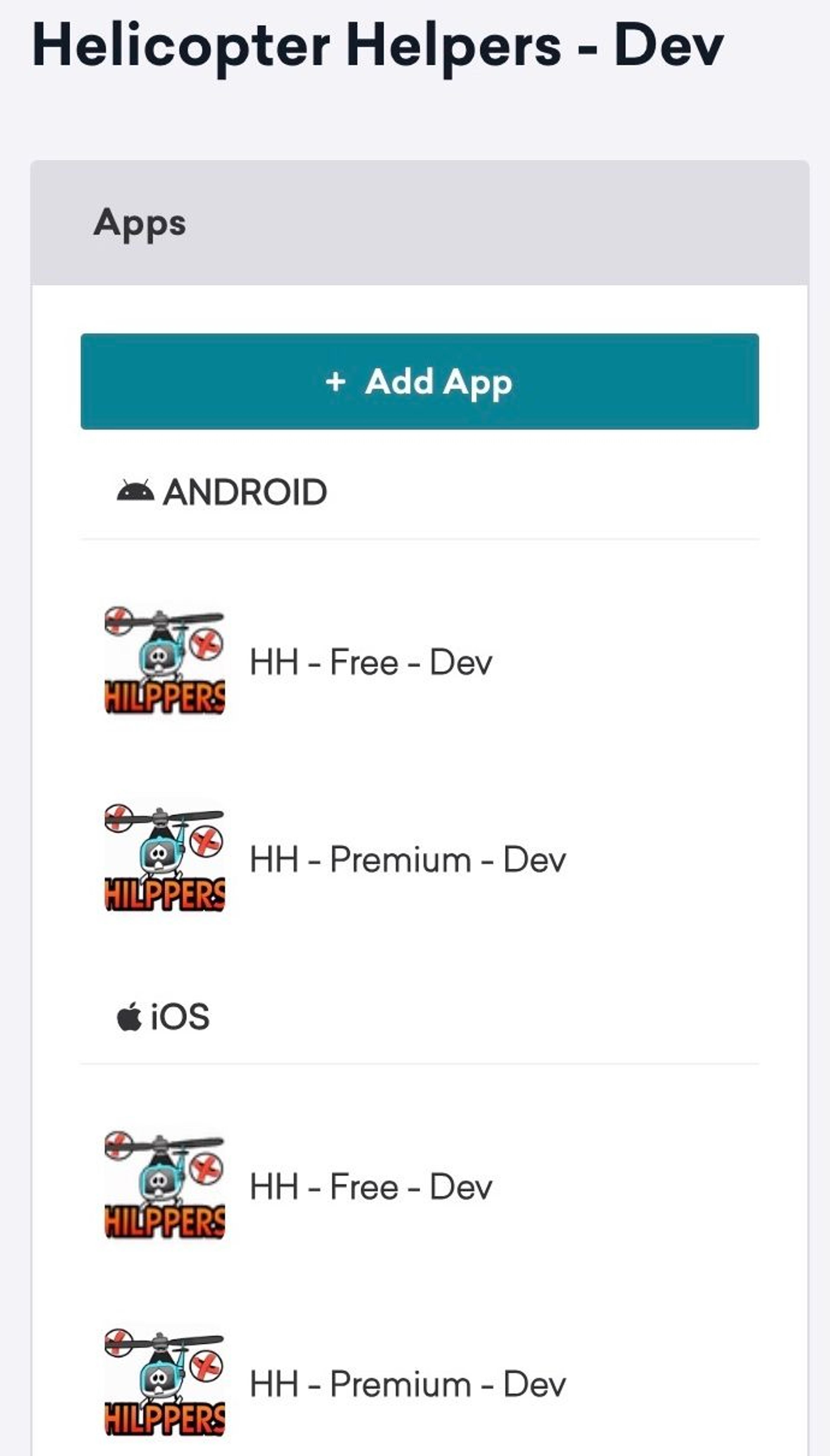 A workspace for the game, Helicopter Helpers, is further broken down by free and premium app versions.