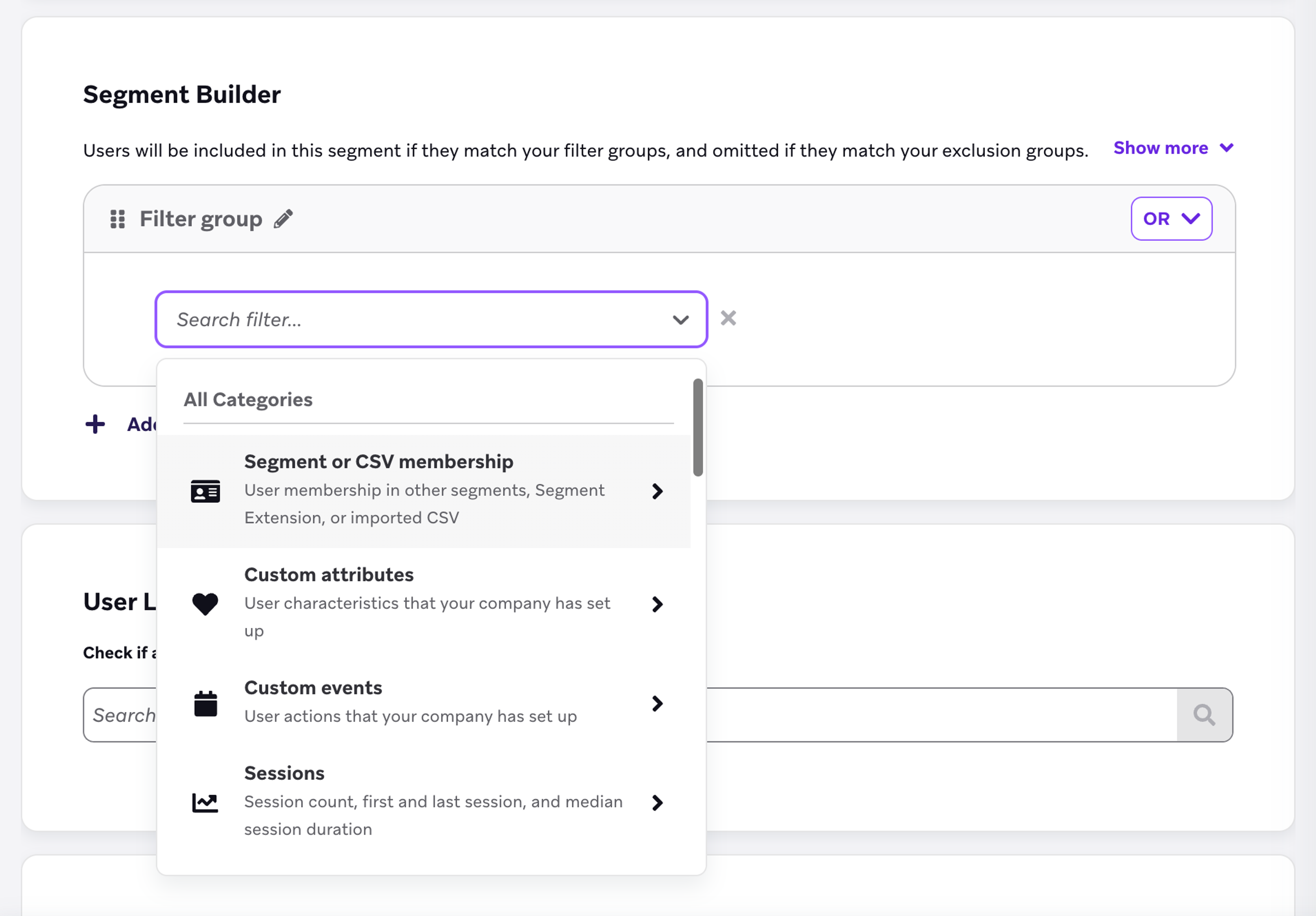 Example of segment filter categories.