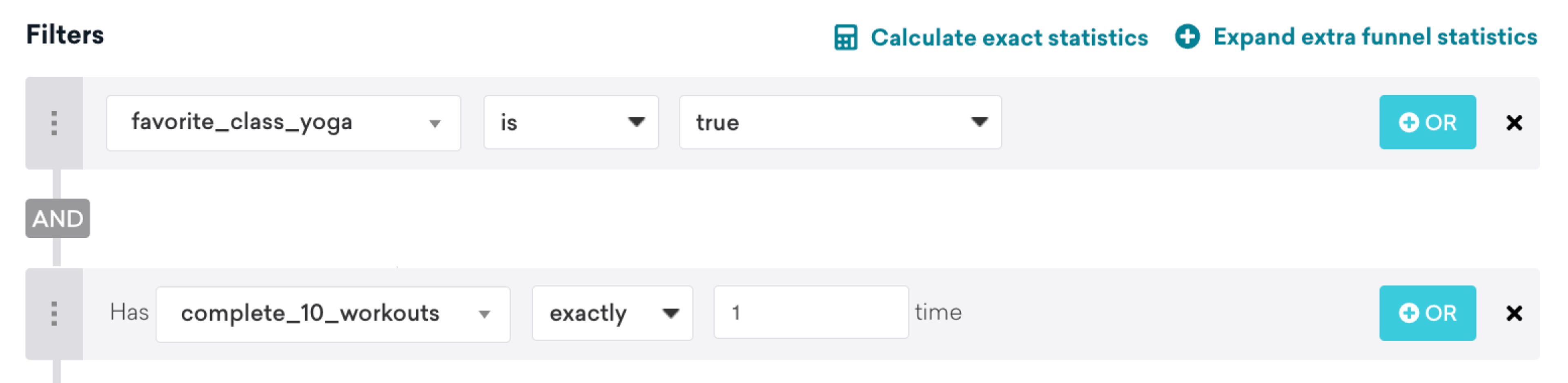 screenshot of braze segmentation tool with the filters "favorite_class_yoga" is true and "complete_10_workouts" exactly 1 time