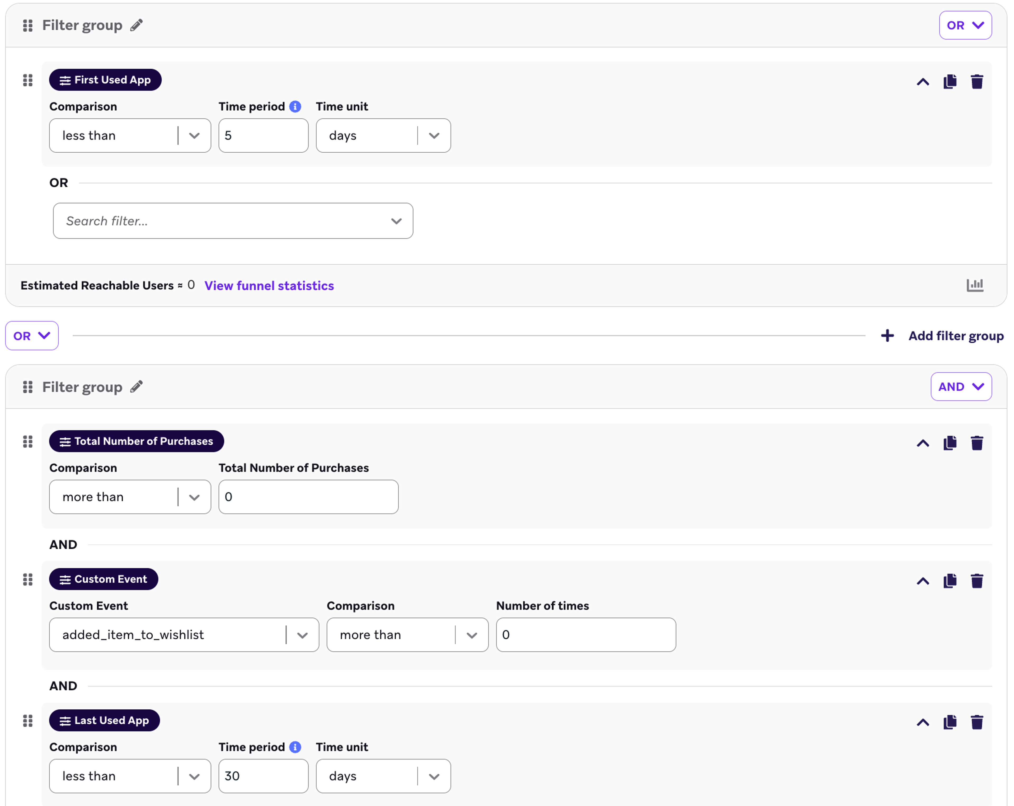 Example of a combination of filter groups for an onboarding user segment.