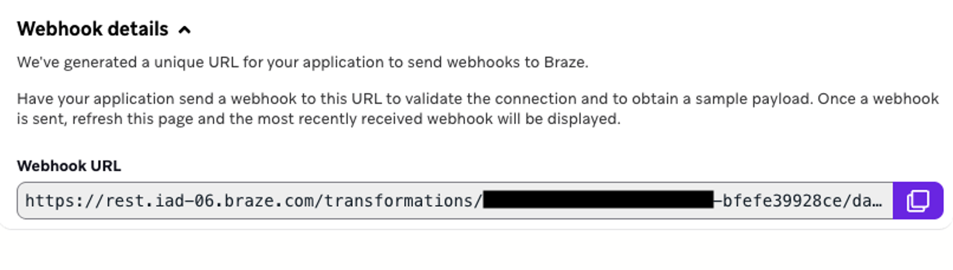 Webhook details section showing a URL for incoming webhooks.