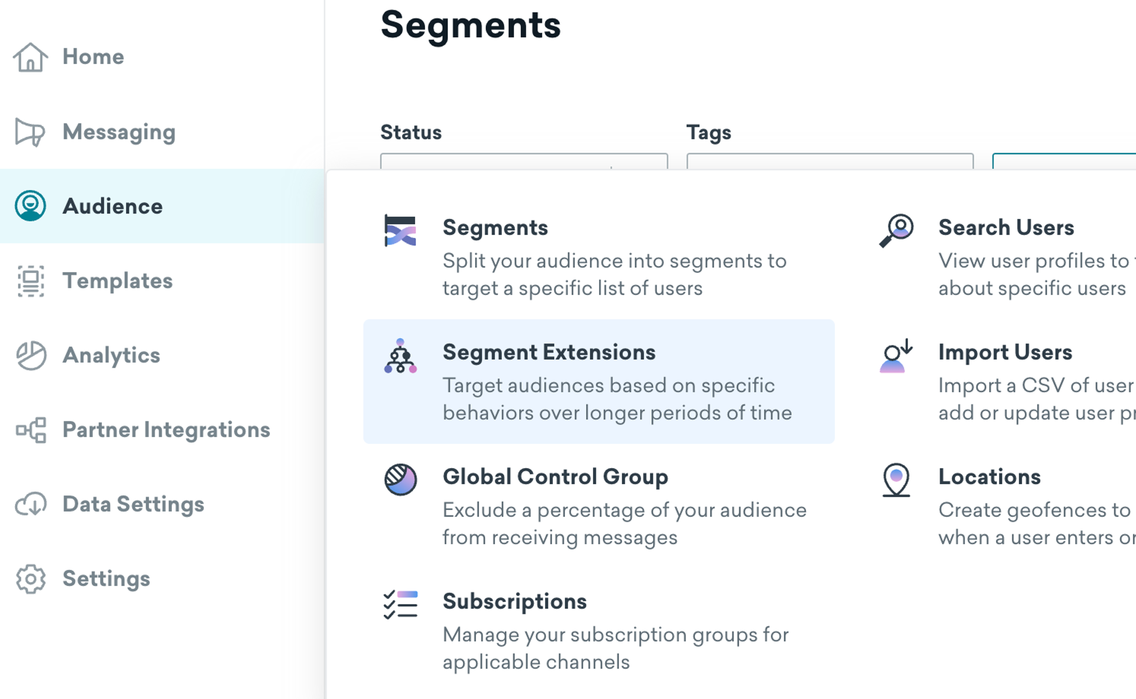 location of segment extensions in the braze dashboard under the audience menu