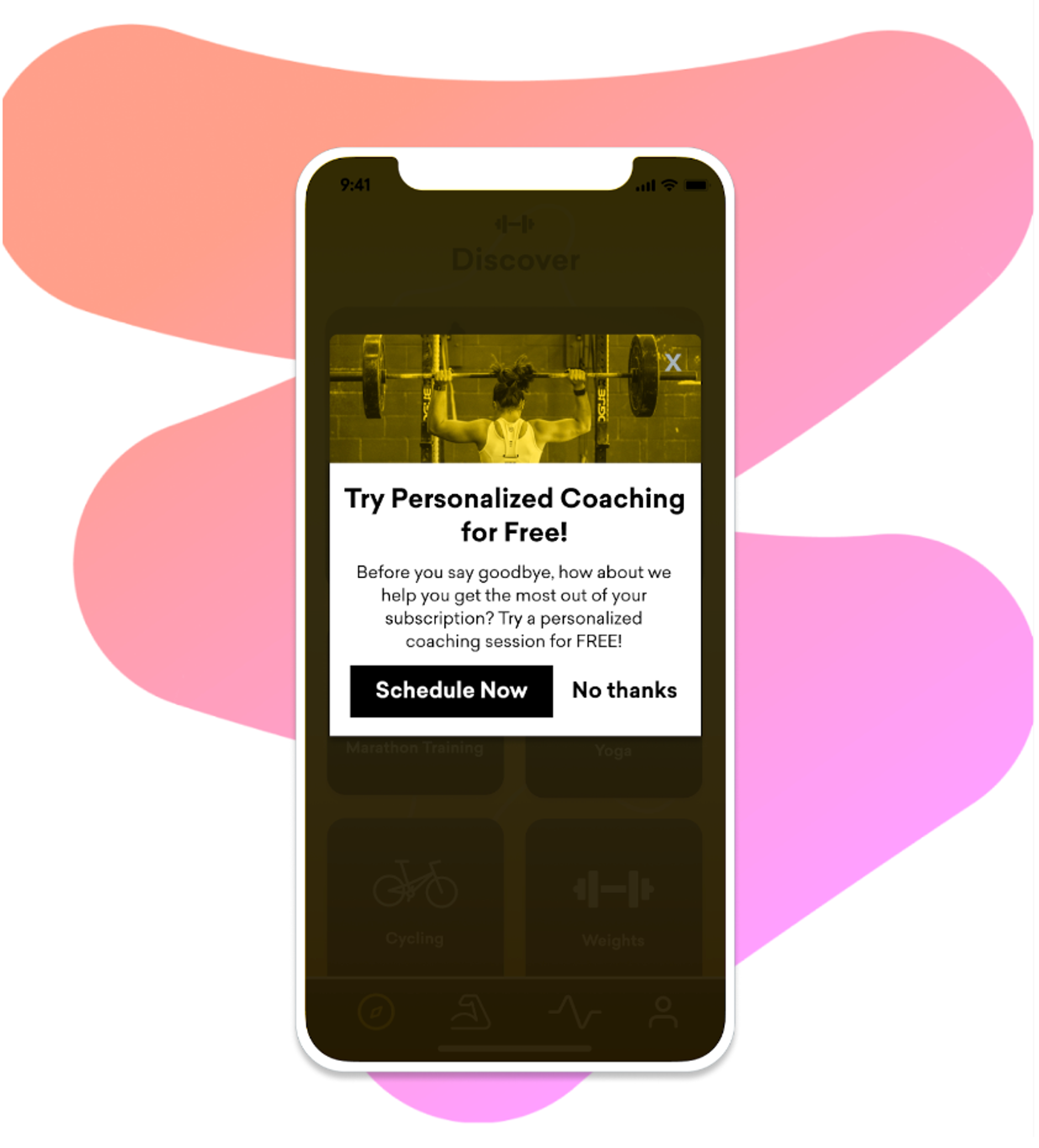An early win back in-app message appears on a phone. It reads "Try personalized coaching for free!"