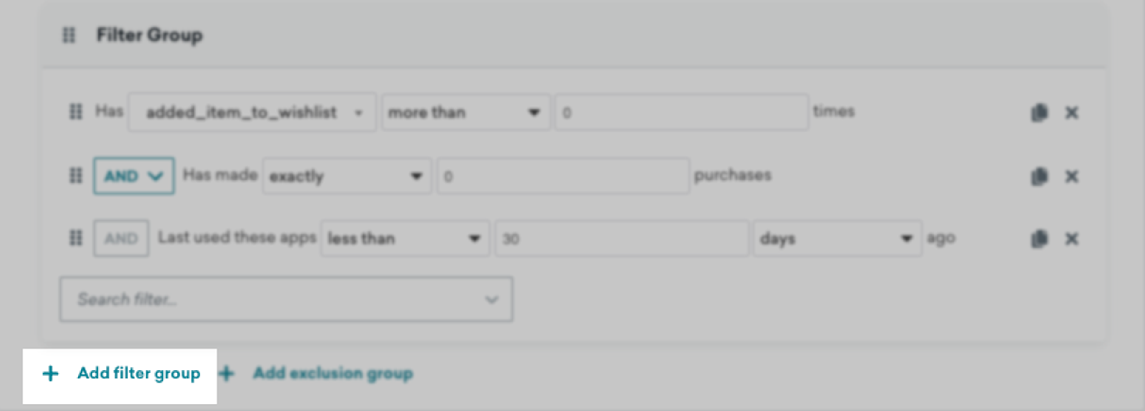 A close up of the Add Filter Group functionality of the Segment Builder.