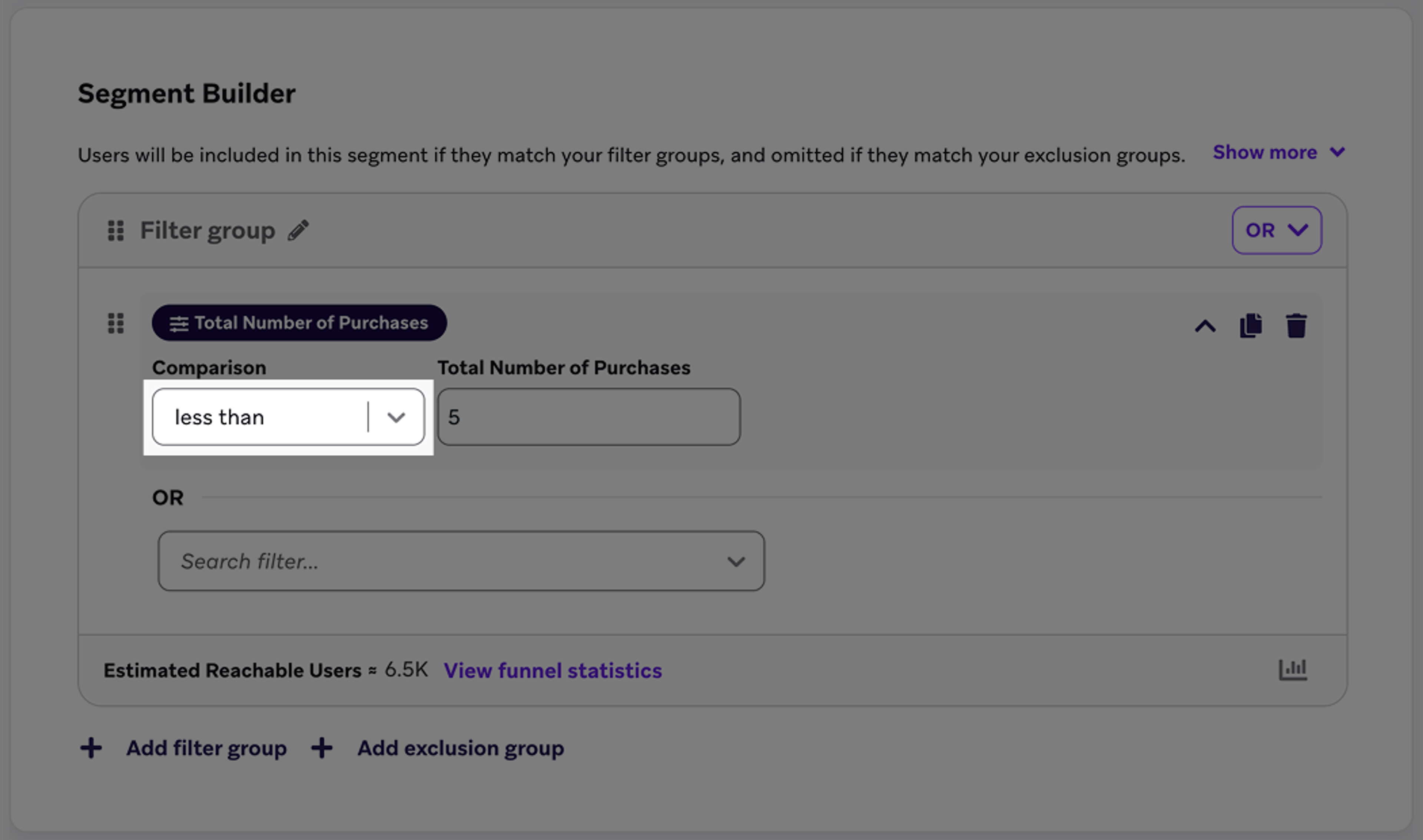 Example of a less than operator in a segment filter.