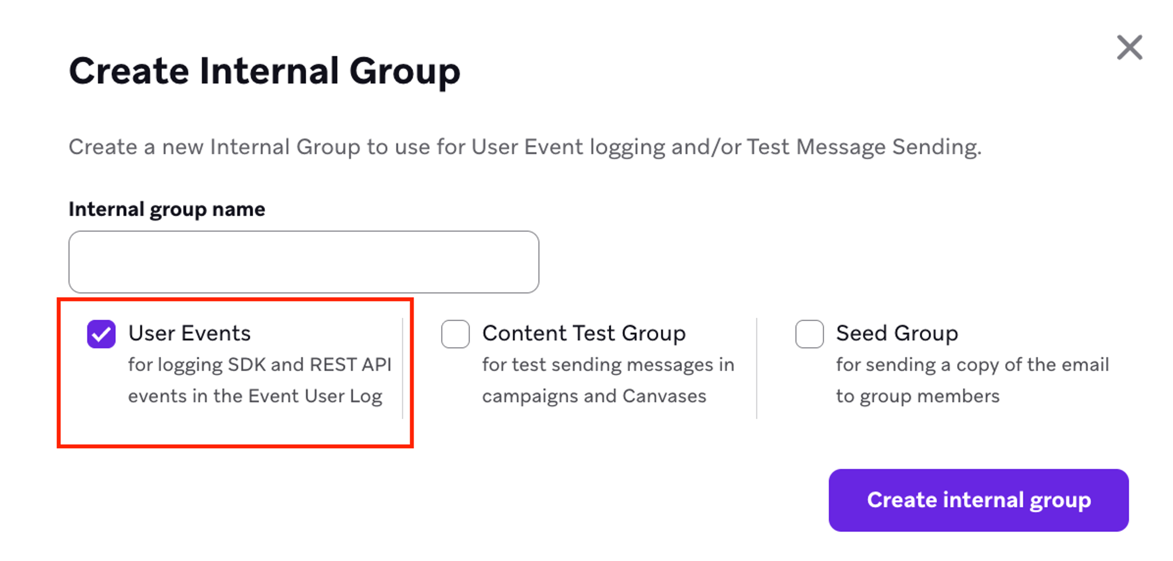 The create internal group modal in the braze dashboard, showing three options: User events, content test group, and seed groups. User events is selected. 