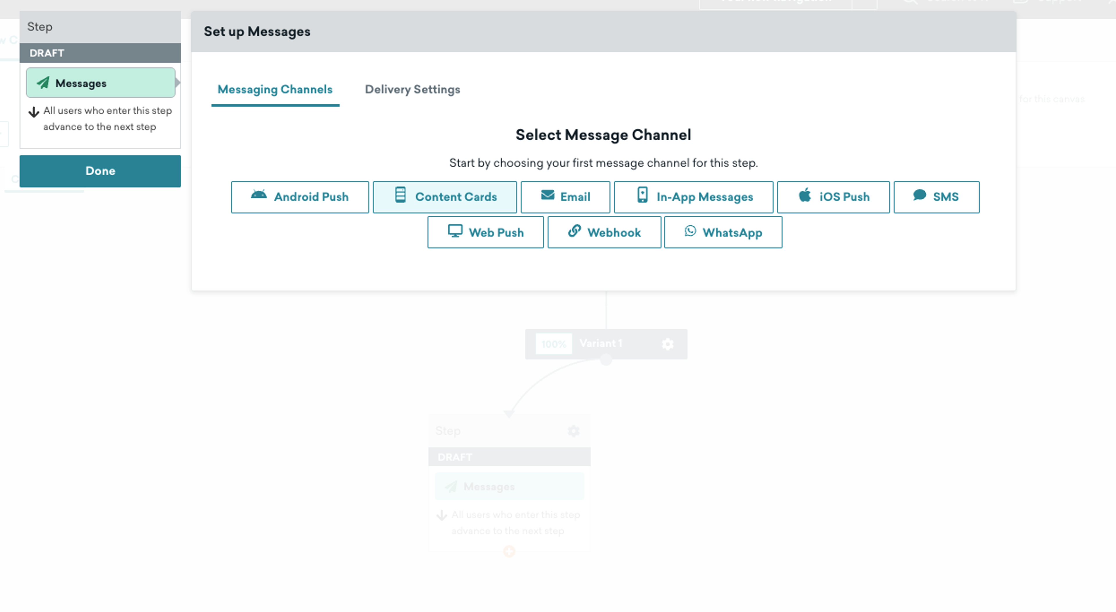 Message channel selection in the Message component 