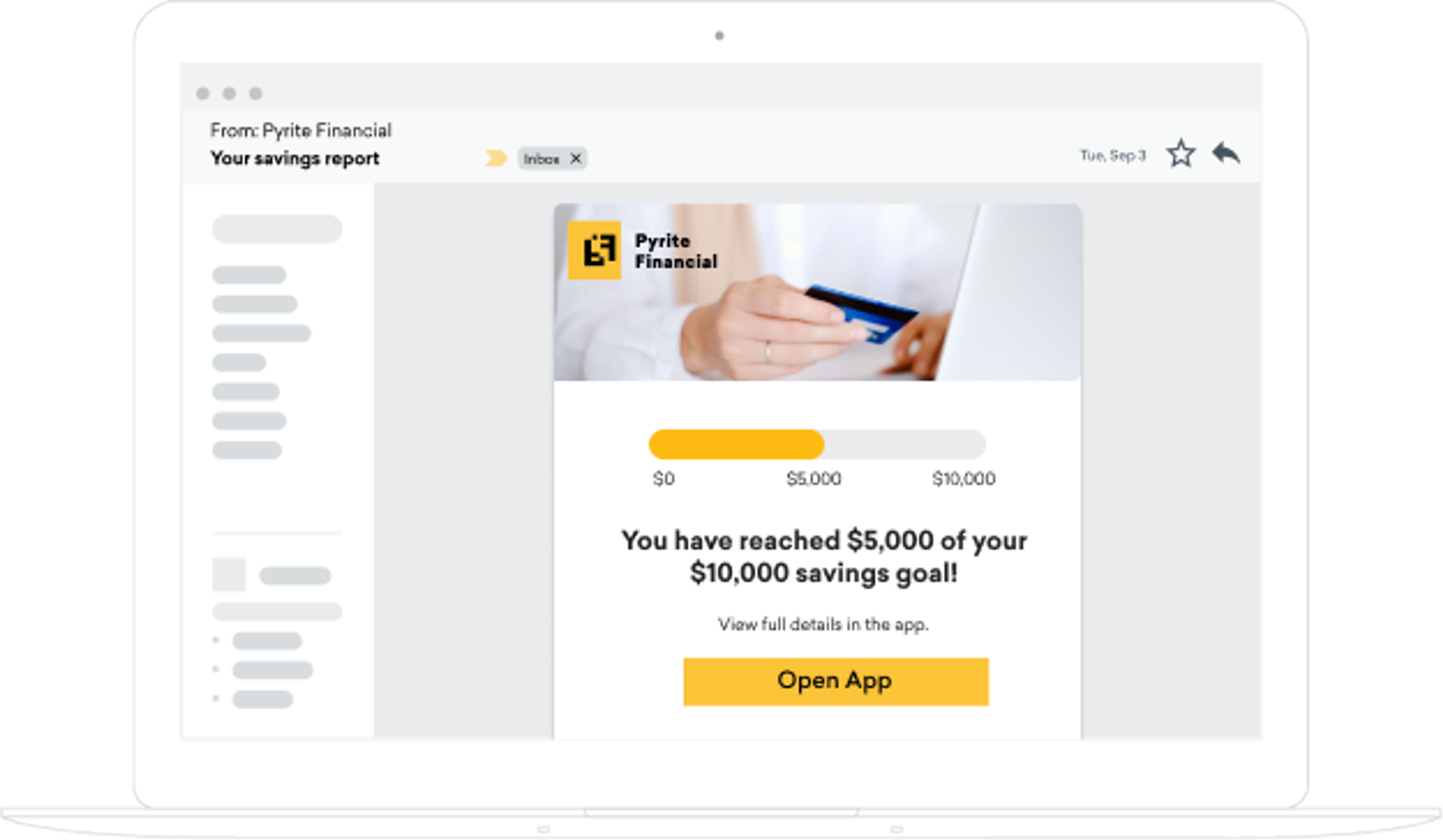 A financial company sends an email to its users, displaying their progress toward a savings goal.