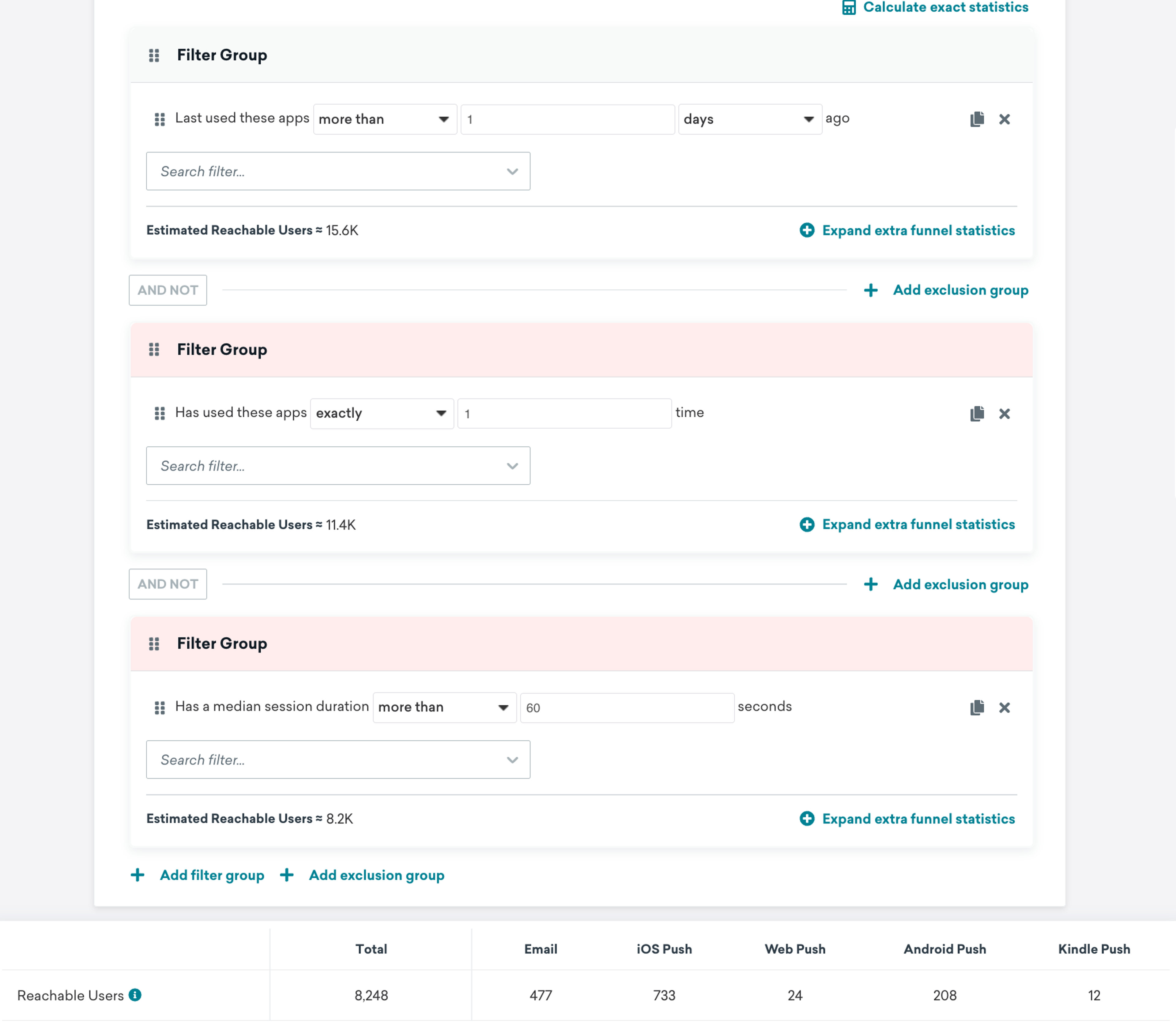 Example of the estimated number of reachable users who are targeted by this segment after excluded users are removed.