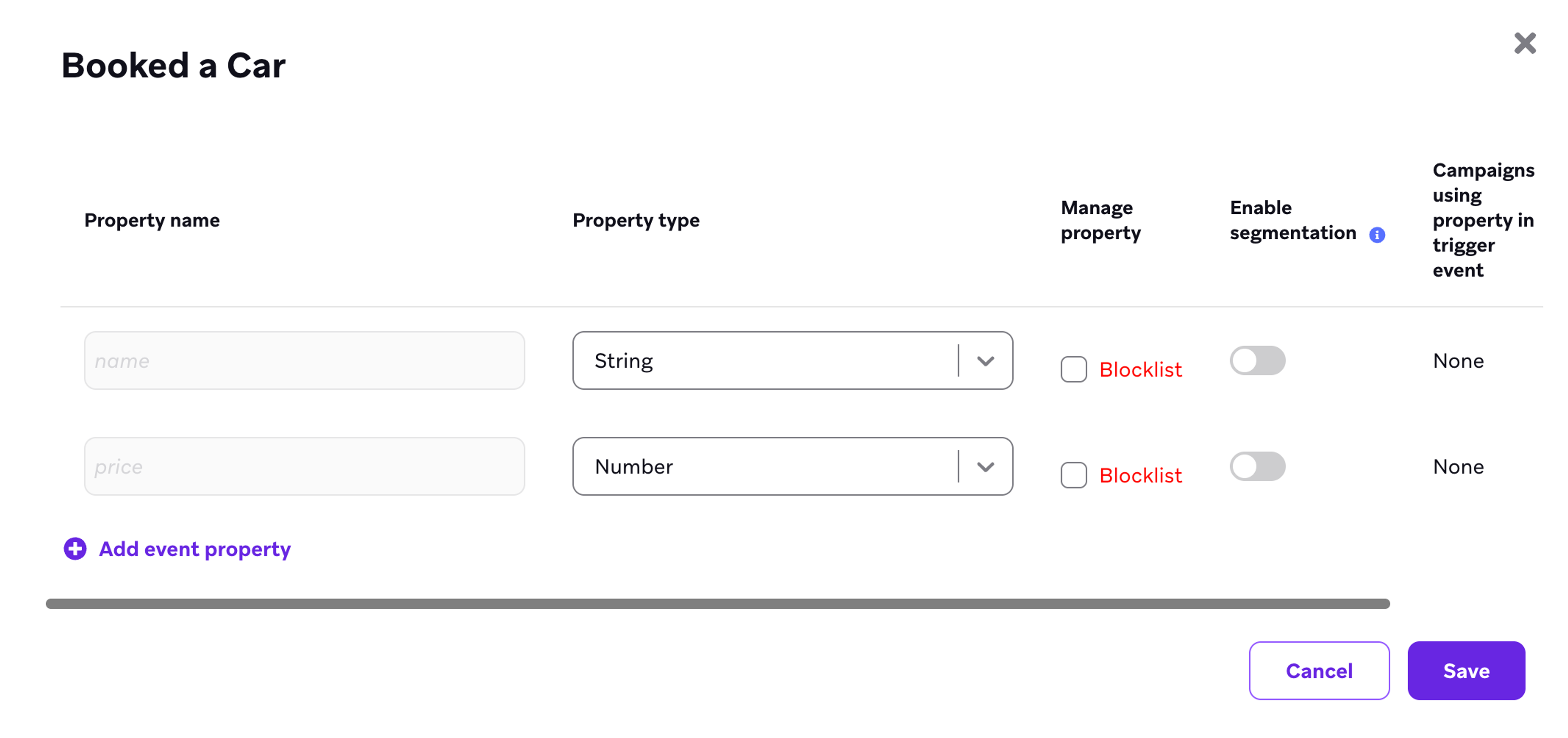 Dialog box for the "Booked a Car" custom event showing its custom event properties, "name" and "price"