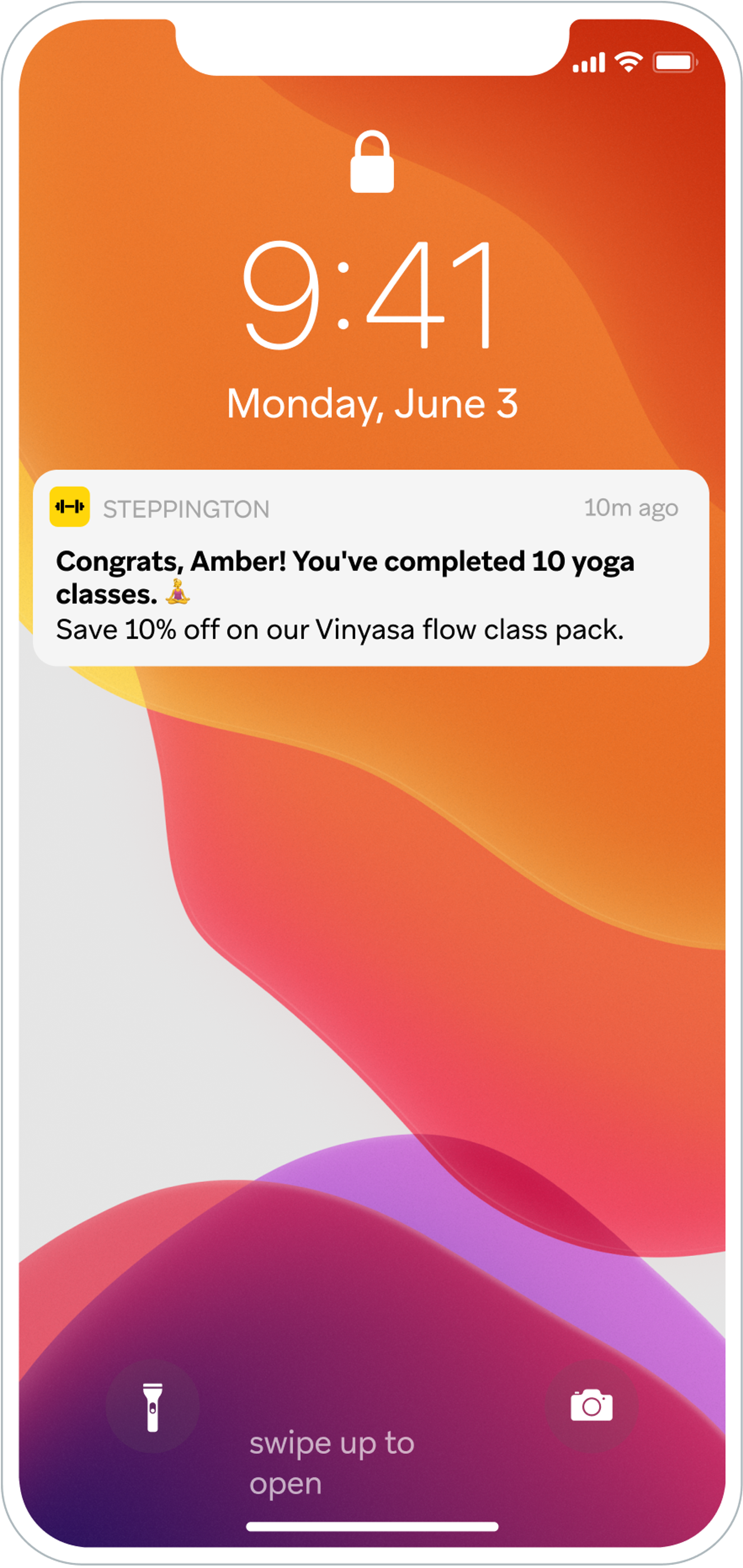 screen shot of push notification on iphone. The push notification reads: Congrats, Amber! You've completed 10 yoga classes. Save 10% off on our Vinyasa flow class pack"