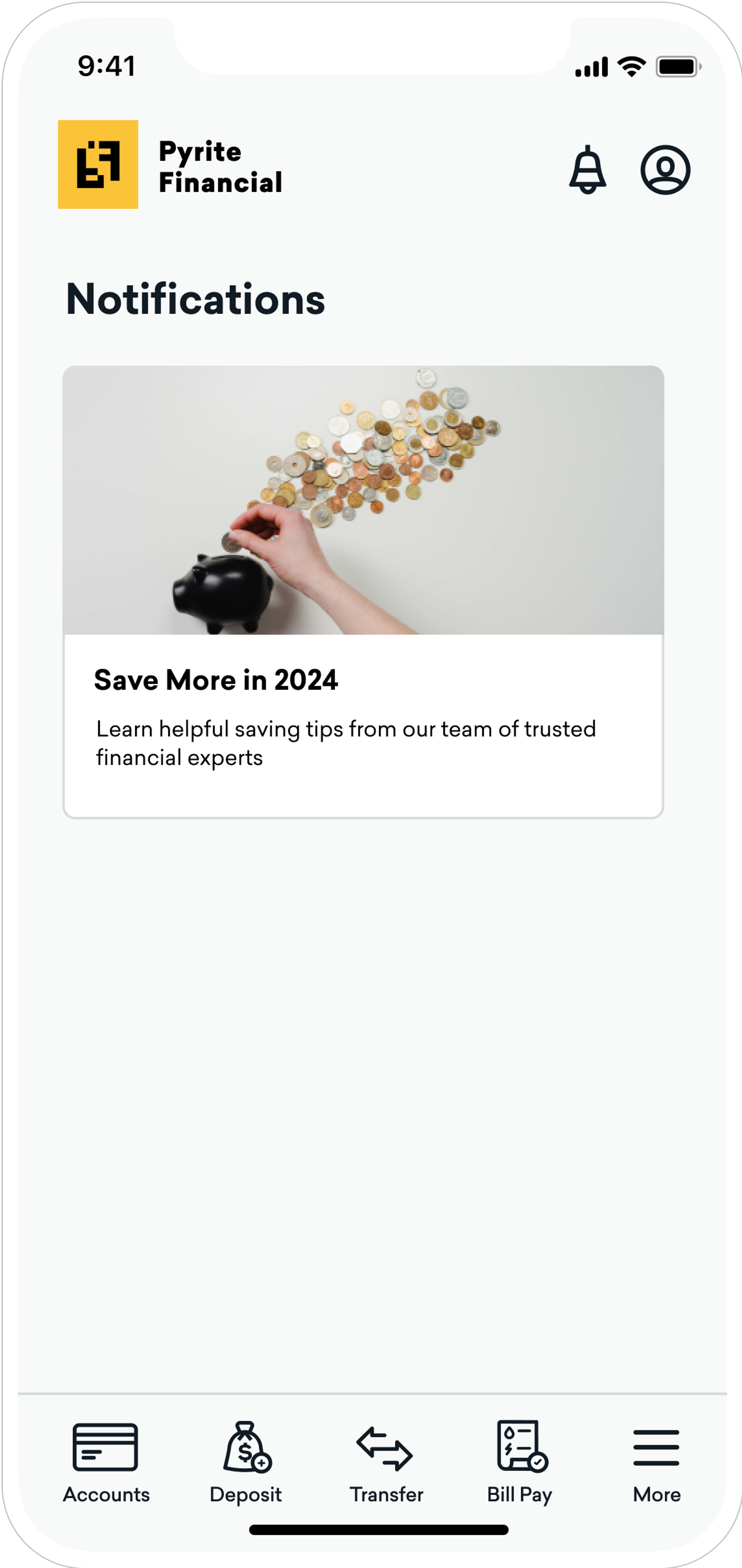 Finance app showing a content card regarding an article about how to save your money in the new year