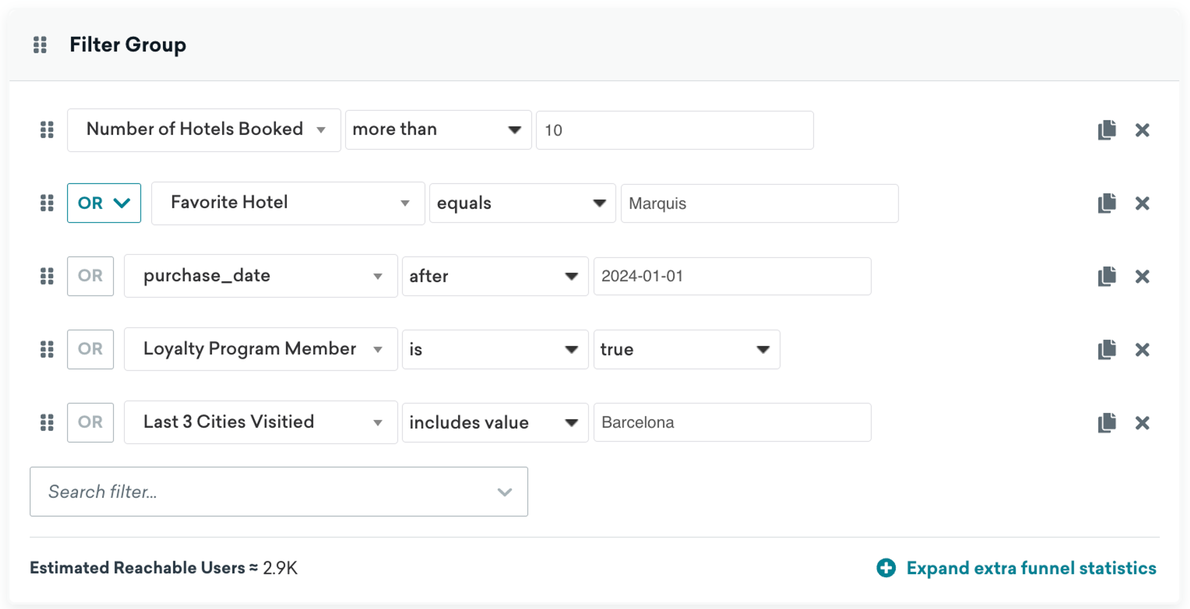 Screen shot of braze segmentation tool showing different filters based on custom data.