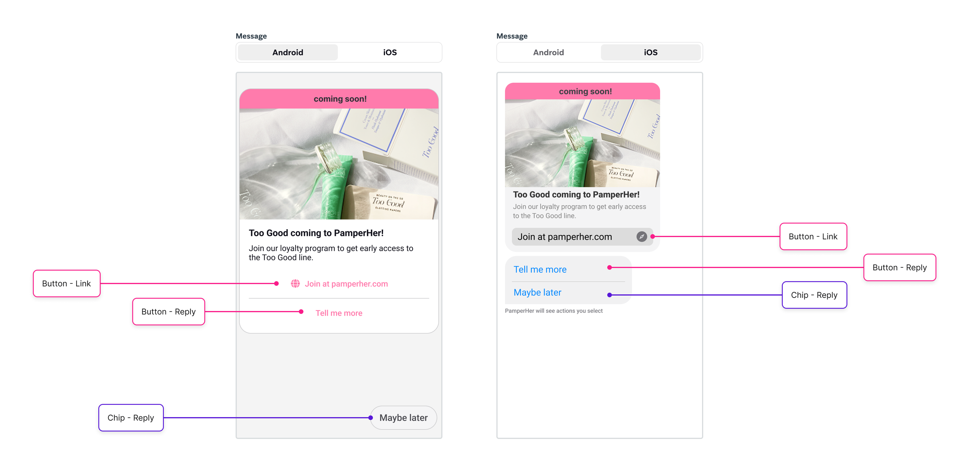 A side-by-side of the same rich card message in an Android interface and an iOS interface. Each button and chip with their reply type (link vs text reply) is highlighted. 