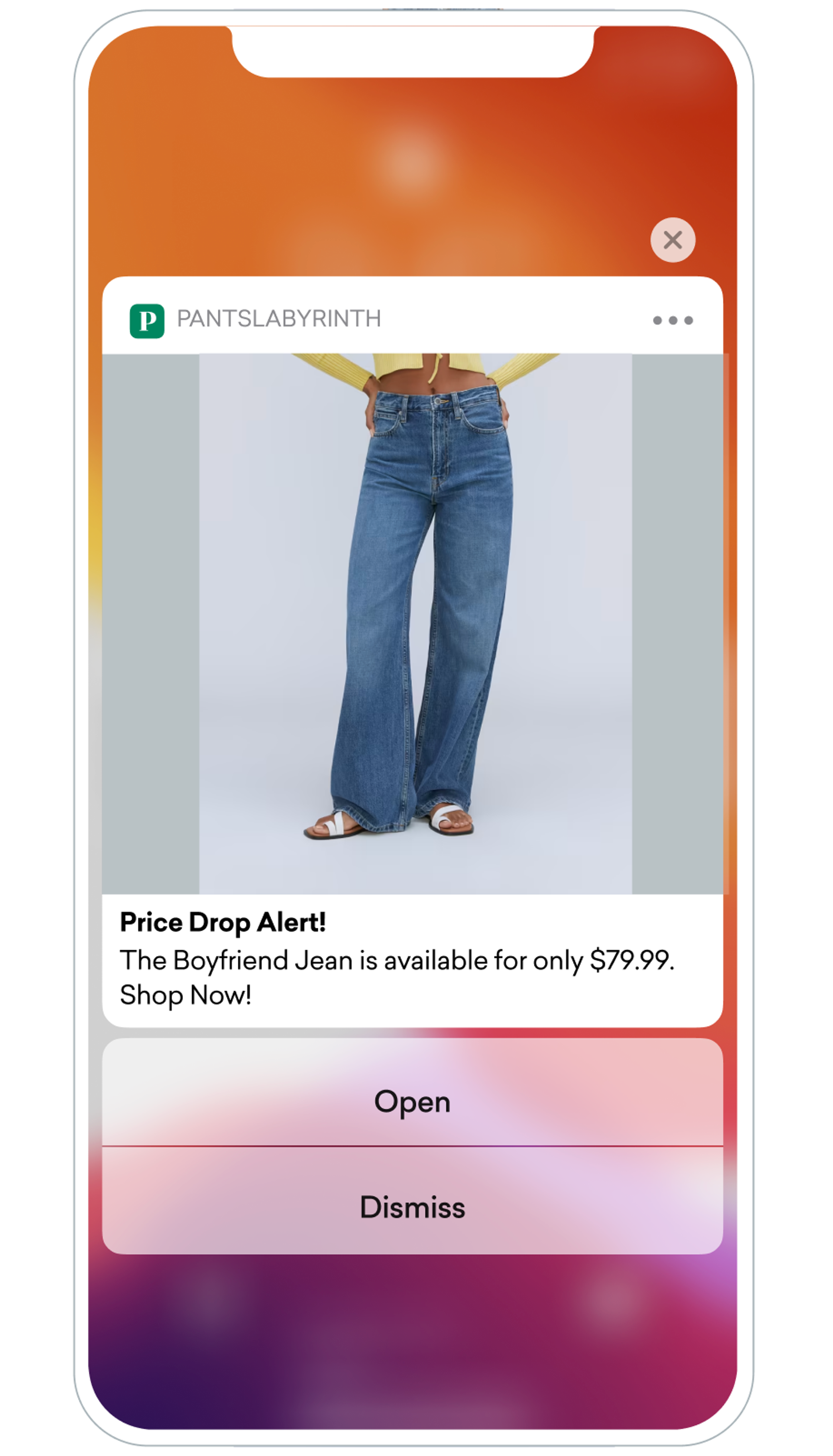 An iPhone screen displaying a push message from PantsLabrynth. The message states, "Price Drop Alert! The Boyfriend Jean is available for only $79.99. Shop now!"