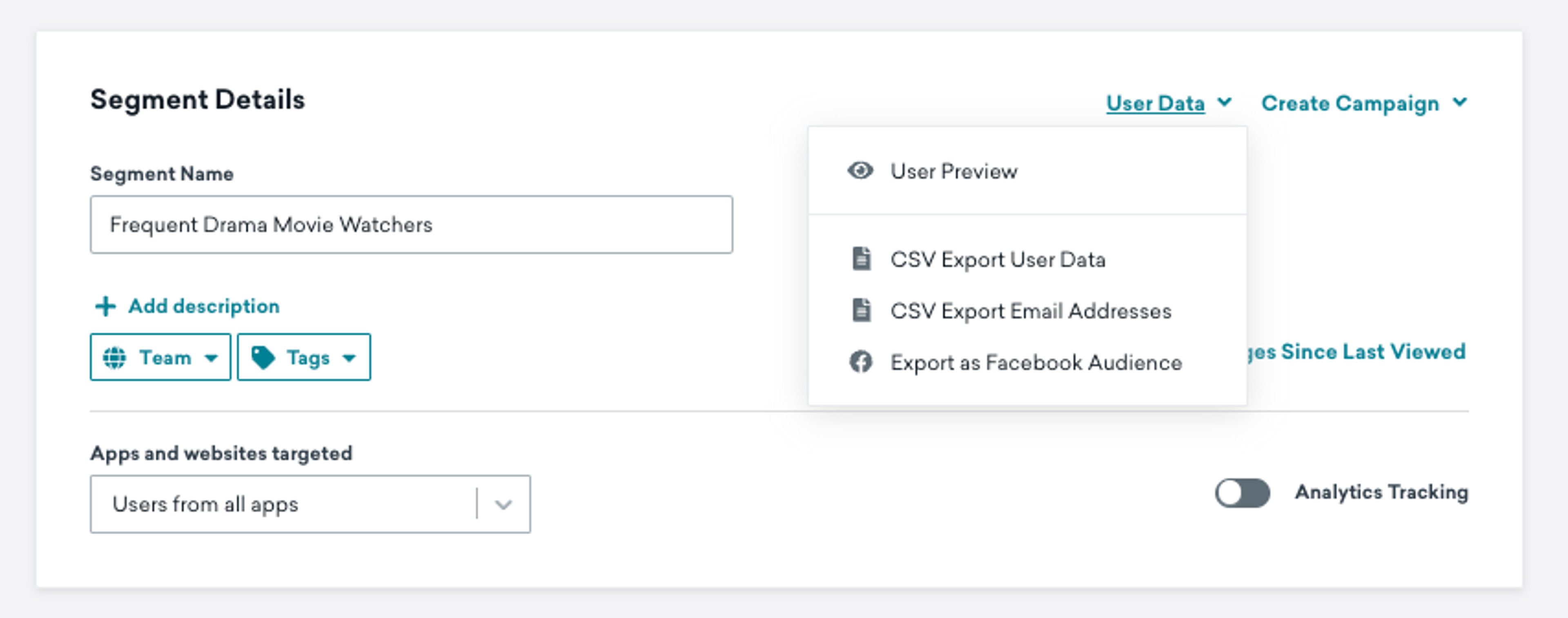 A close up of the data export options available from the User Data menu.