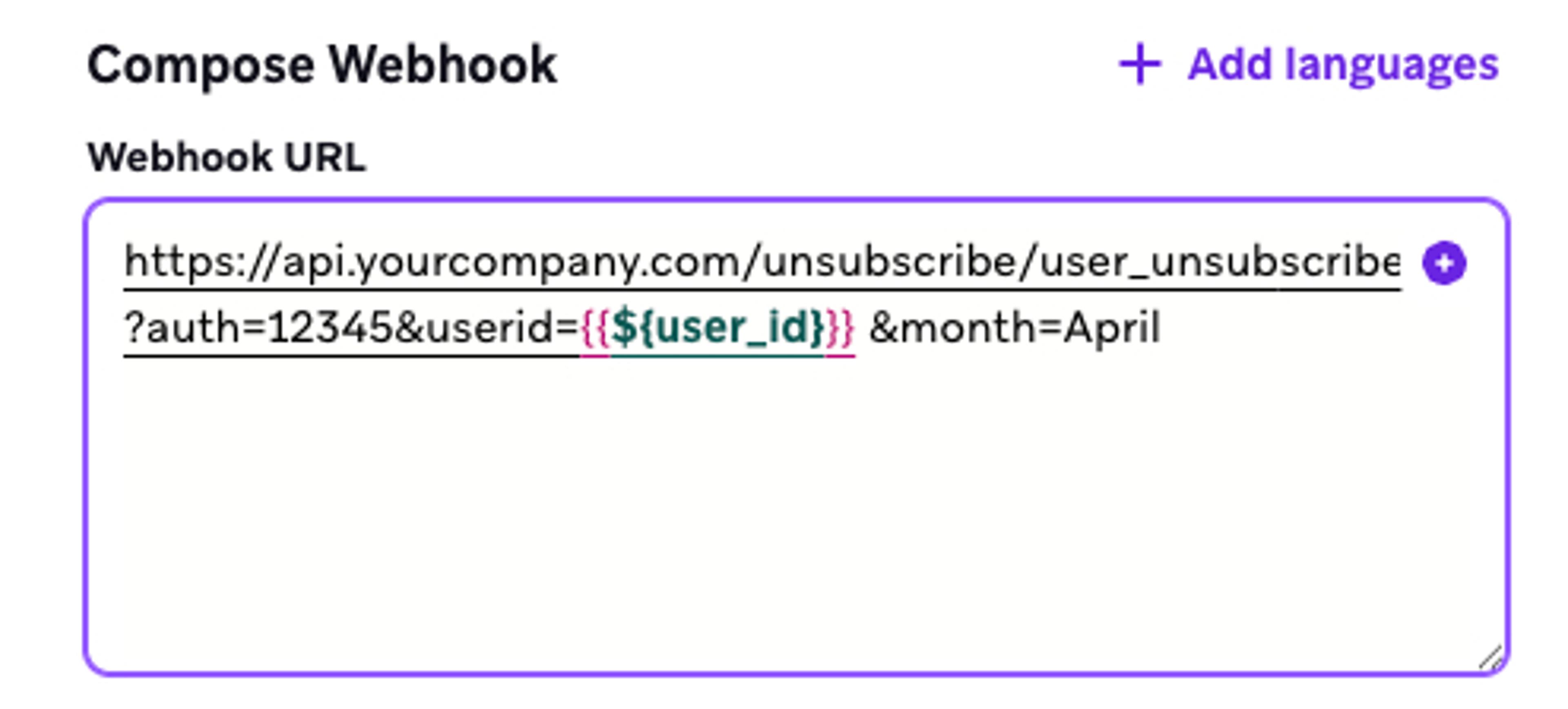 Webhook URL composer with extra whitespace, shown by the underlining ending at the whitespace. 