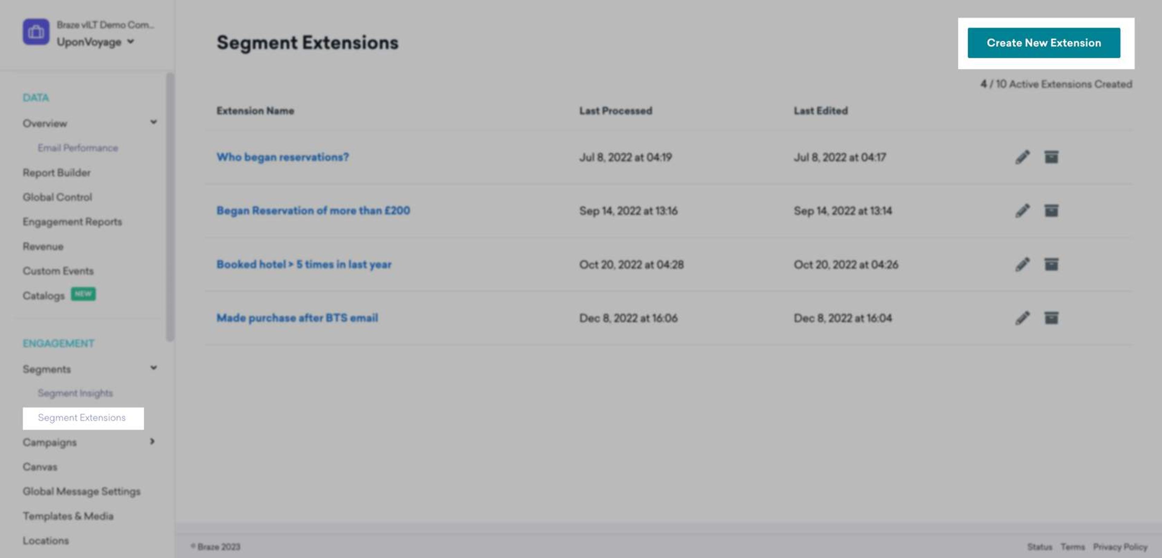 a screen shot highlighting the location of segment extensions on the left side menu of the braze dashboard under Segments