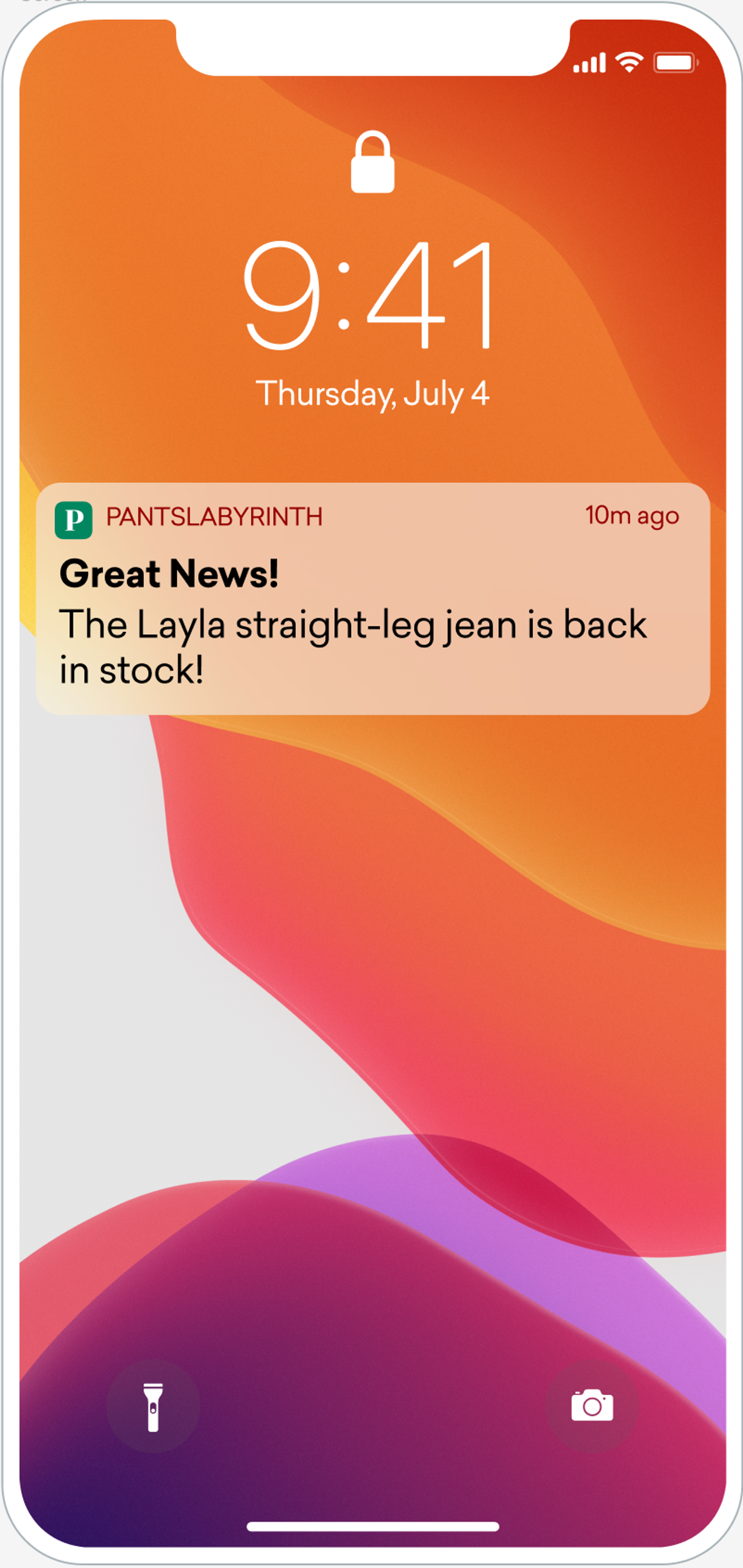 An iPhone screen displaying a push message from PantsLabrynth. The message states, "Great News! The Layla straight-leg jean is back in stock!"