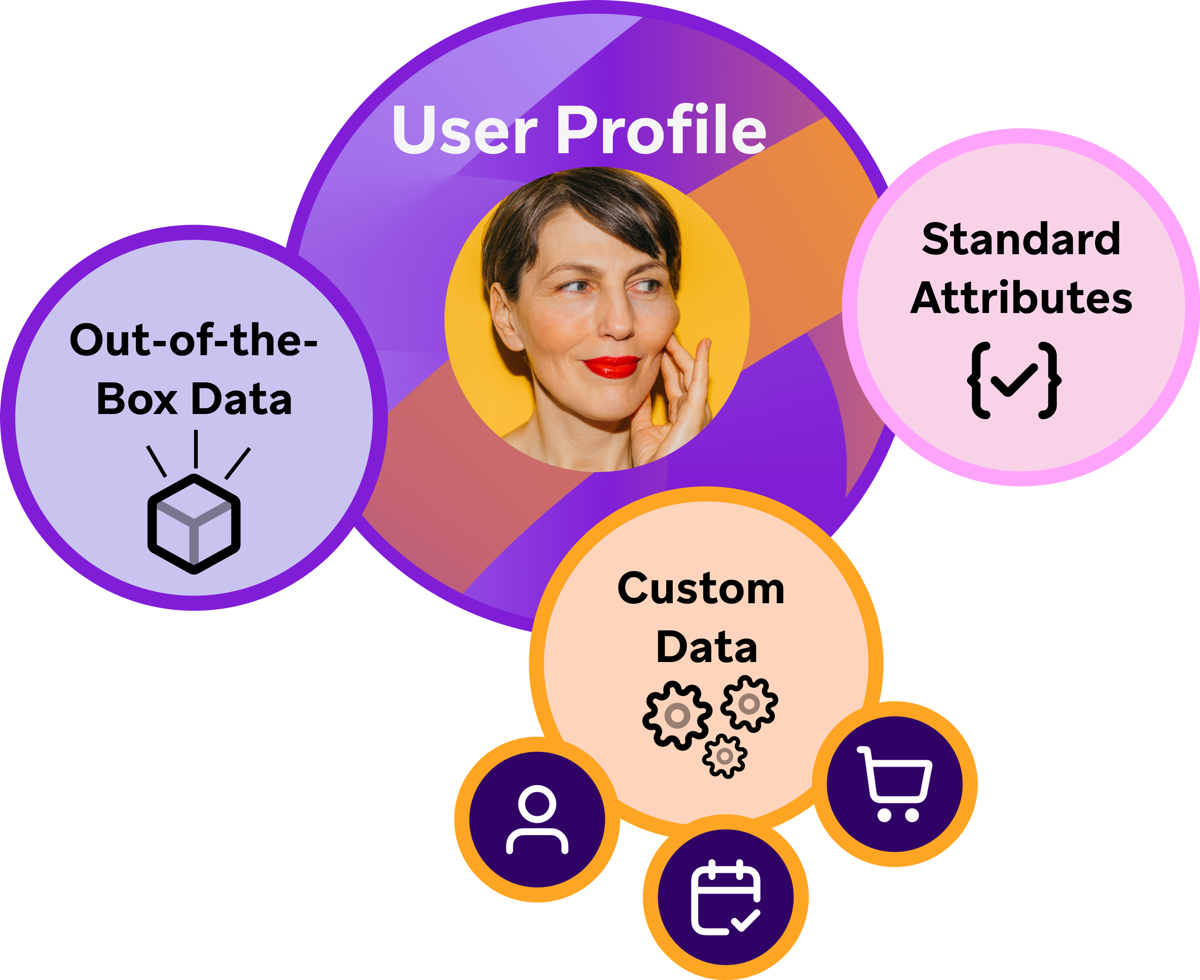 An infographic depicting a braze user profile. A person's picture is at the center, labeled "User Profile". There are three smaller circles connected to the center. Each are labeled Out-of-the-Box Data, Standard Attributes, and Custom Data. Three additional circles emerge from the Custom Data circle. Each has an icon: a person, a calendar, and a shopping cart. 