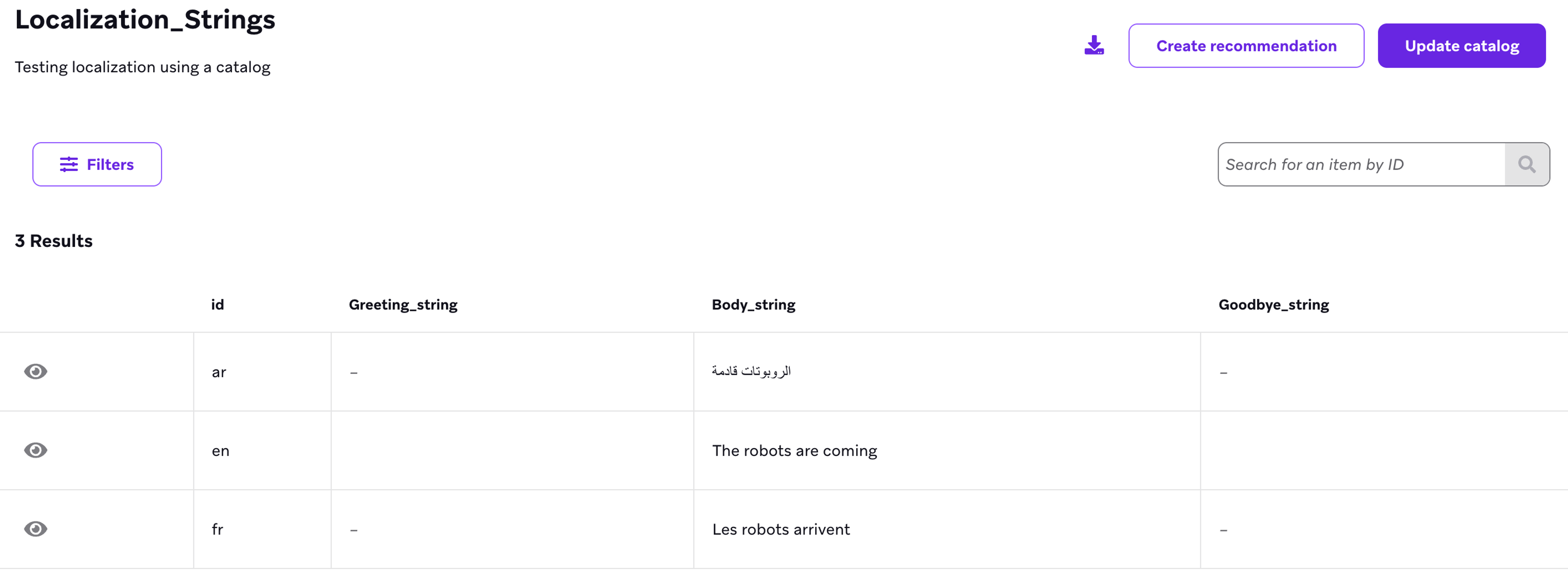 Catalog showing strings with ids that are language codes.